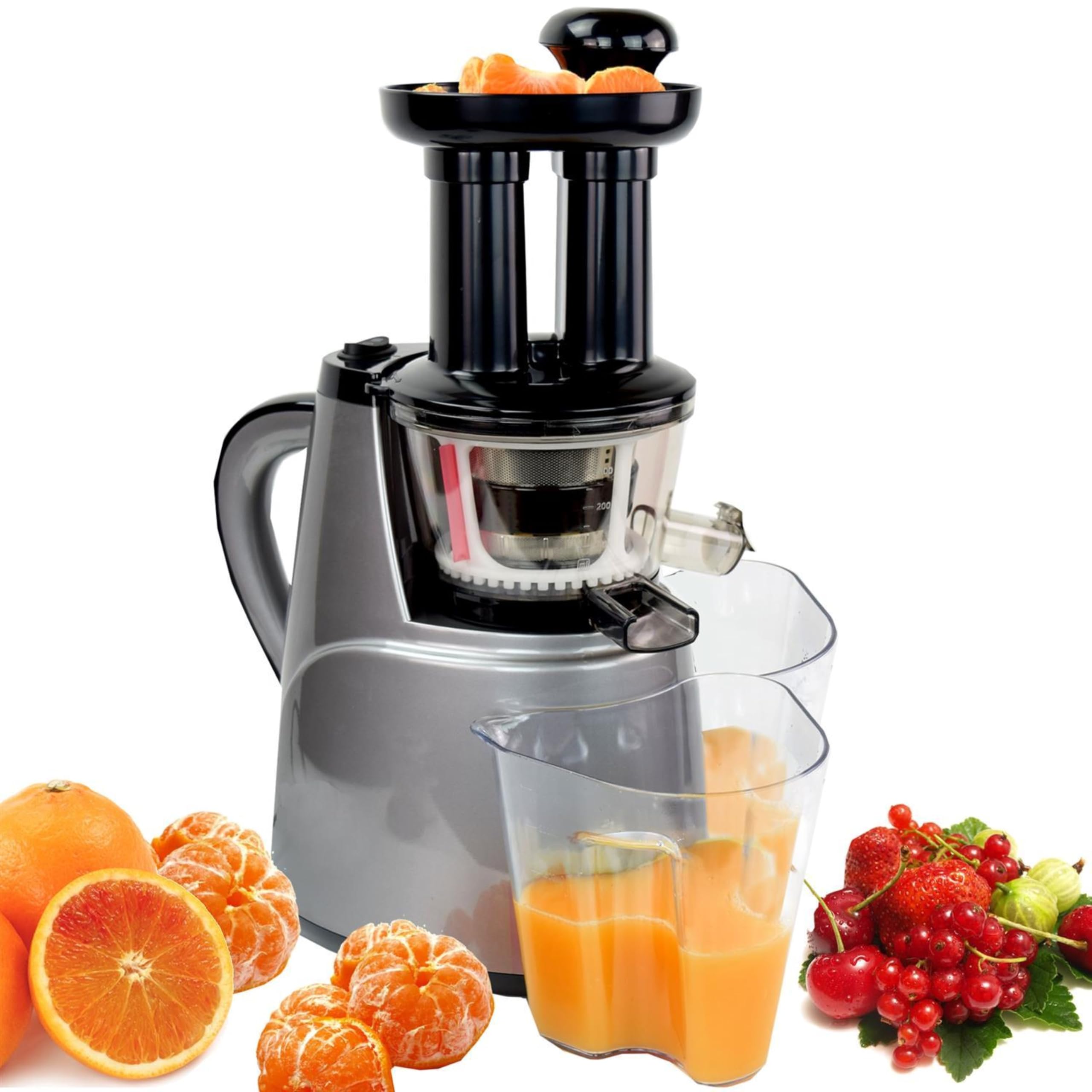 Syntrox Slow Juicer Quirzo | kleiner | kalt | langsam | Entsafter | Saftpresse, mit Aufsätzen, für Obst und Gemüse, 45 U/min, Küchengeräte, Schwarz-Silber