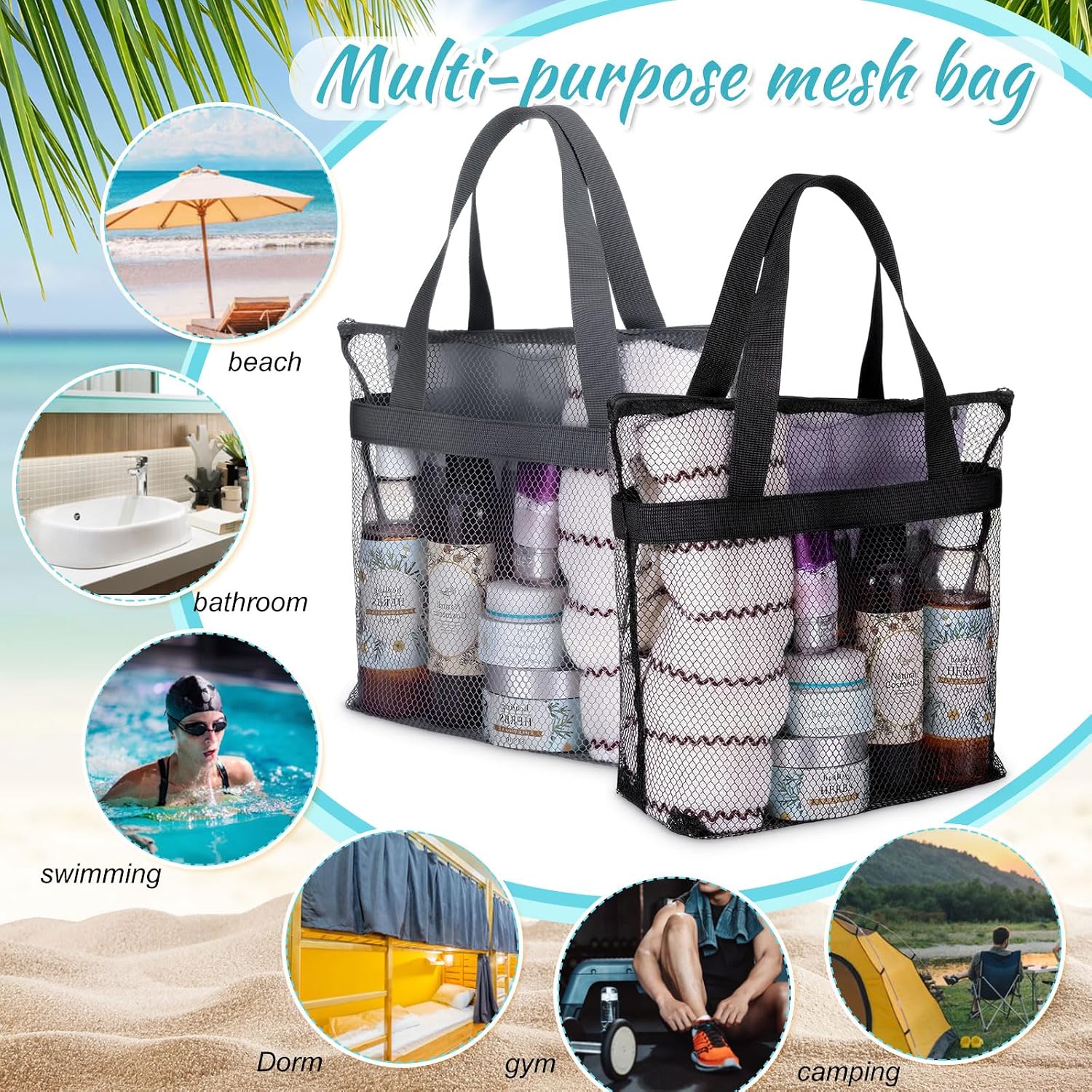20 Pcs Mesh Shower Caddy Bag Portable Shower Bag with Zipper & 2 Pockets Hanging Toiletry and Bath Organizer for Gym, Swimming, Travel, Camping, College Dorms, Beach (Classic Color)