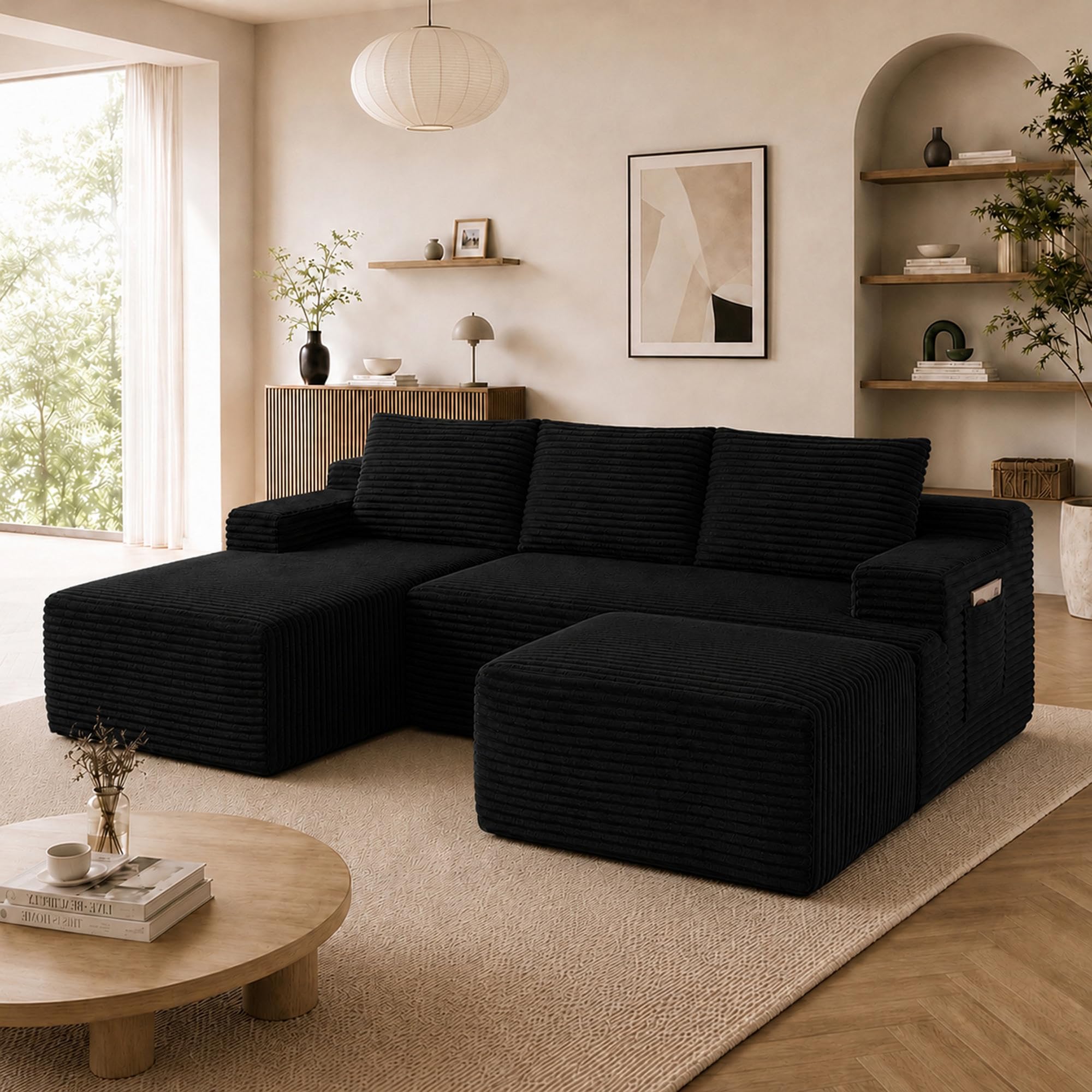 Boneless Couch, Modular Sectional Couches for Living Room, U-Shaped Cloud Couch Sofa with Deep Seat, Fluffy Corduroy Upholstered Corner Sofa