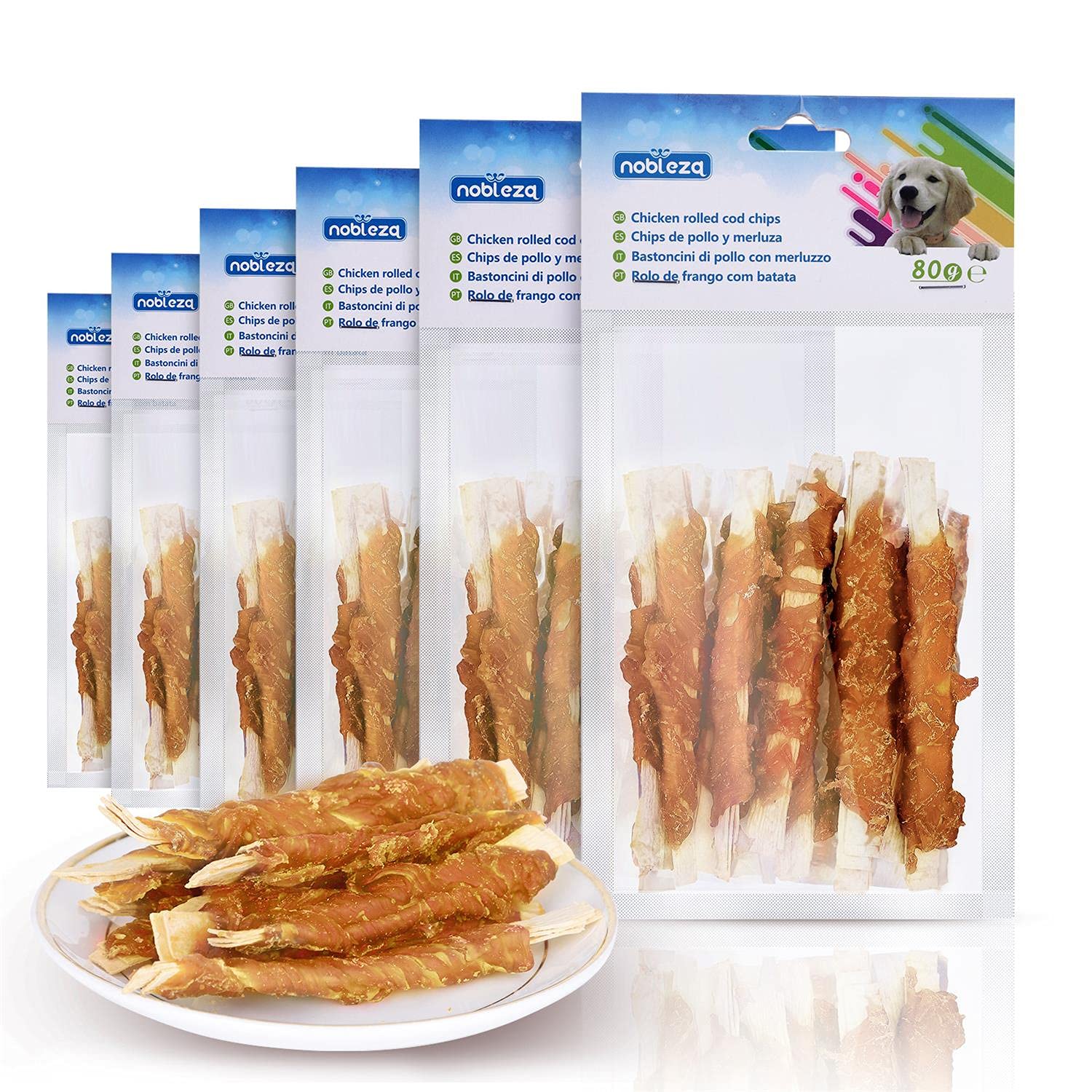 Nobleza - Snacks para Perros - Chips de Bacalao Enrollados con Pollo - Chuches Natural para Perros - Golosinas para Perro - Premios y Recompensas para Perros - L10 cm, 6 Bolsas x 80 gr