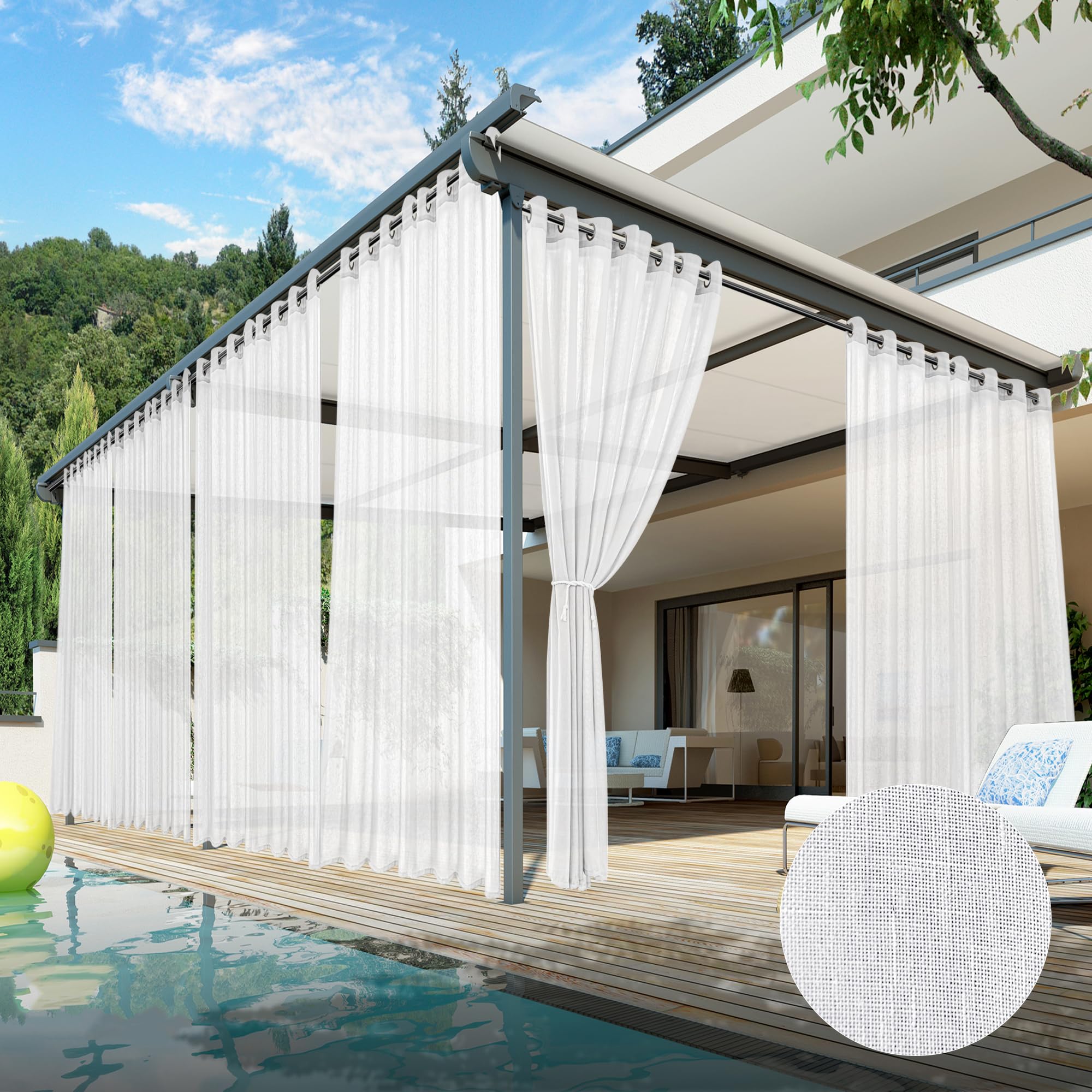 6 Panels White Outdoor Sheer Curtains for Patio Waterproof 110x95 Inch-Extra Wide Voile Outside Curtains Light Filtering Grommet Drapes for Gazebo, Front Porch, Exterior Patio, Pool