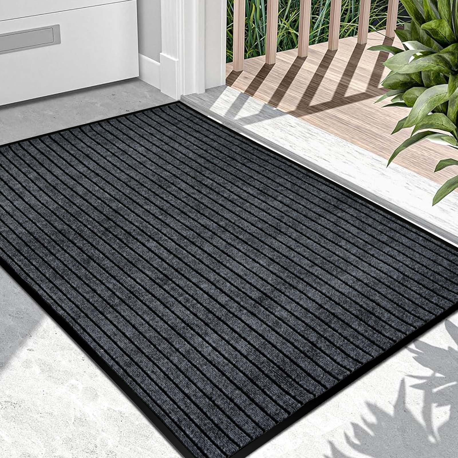 Front Door Mat, 35x60 Inch Low Profile Outdoor Rug Waterproof Cleaning Shoe Doormat, Indoor and Outdoor Rug Thick Rubber Backed Anti-Slip Utility Mat for Entryway Porch Garage Patio (Grey)