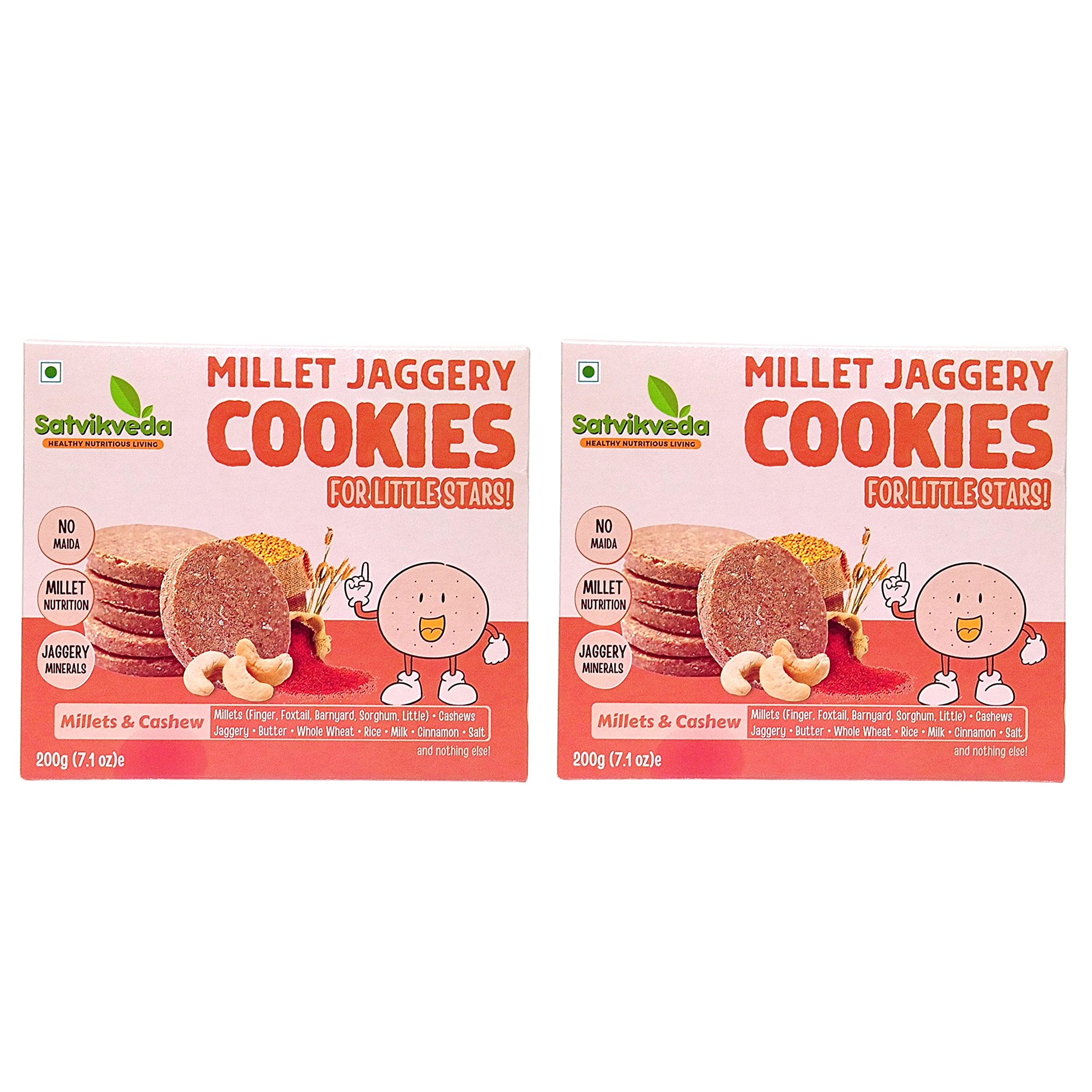 Satvikveda Millet Cookies 200gm (Pak of 2) Cashew Flavour Tasty and Crunchy Sugar Free Snacks 100% Healthy Digestive Millet Jaggery Cookies Biscuits for Adults and Kids