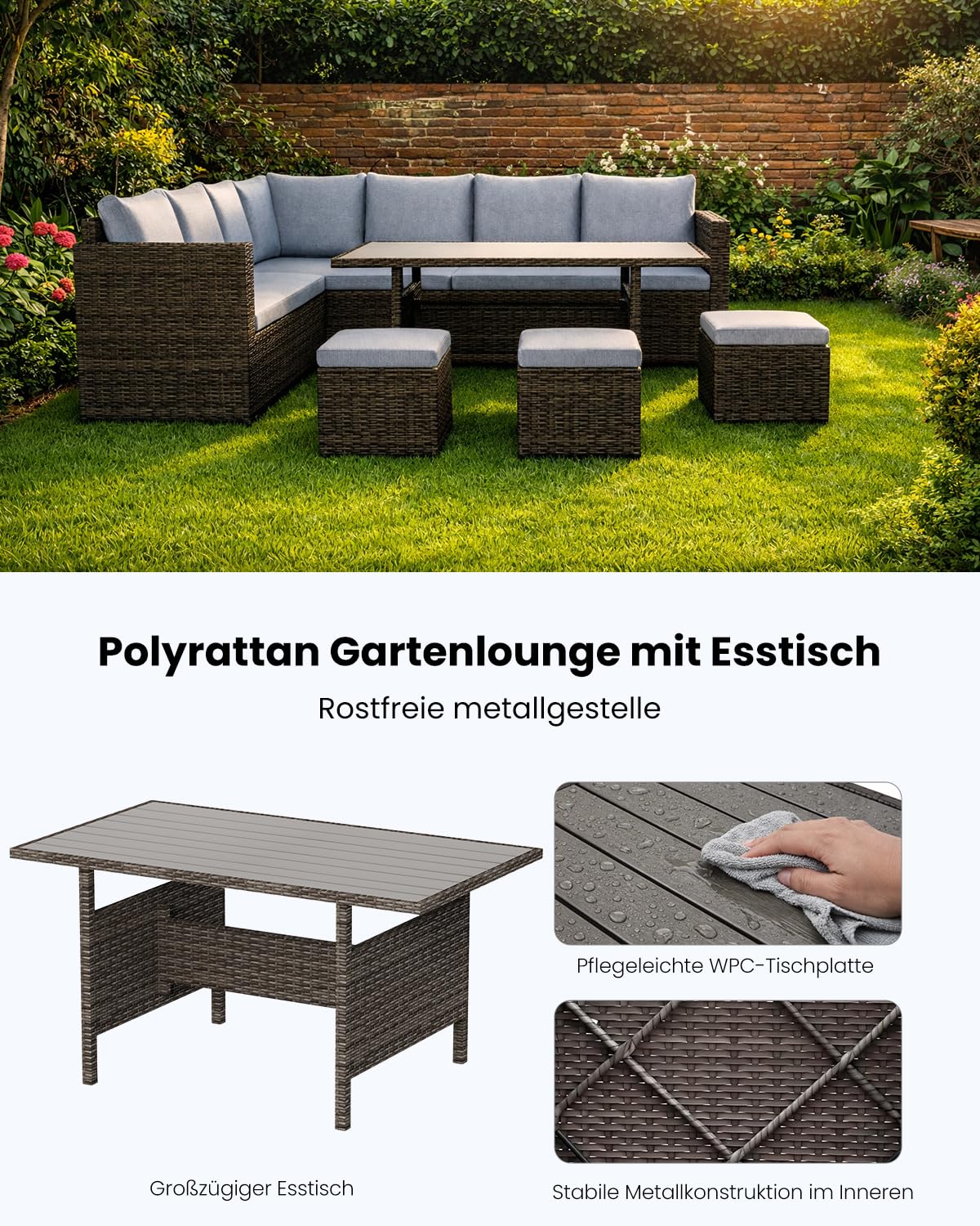 LANOX Polyrattan Gartenlounge Set 7-teilig für 8-10 Personen, Grau