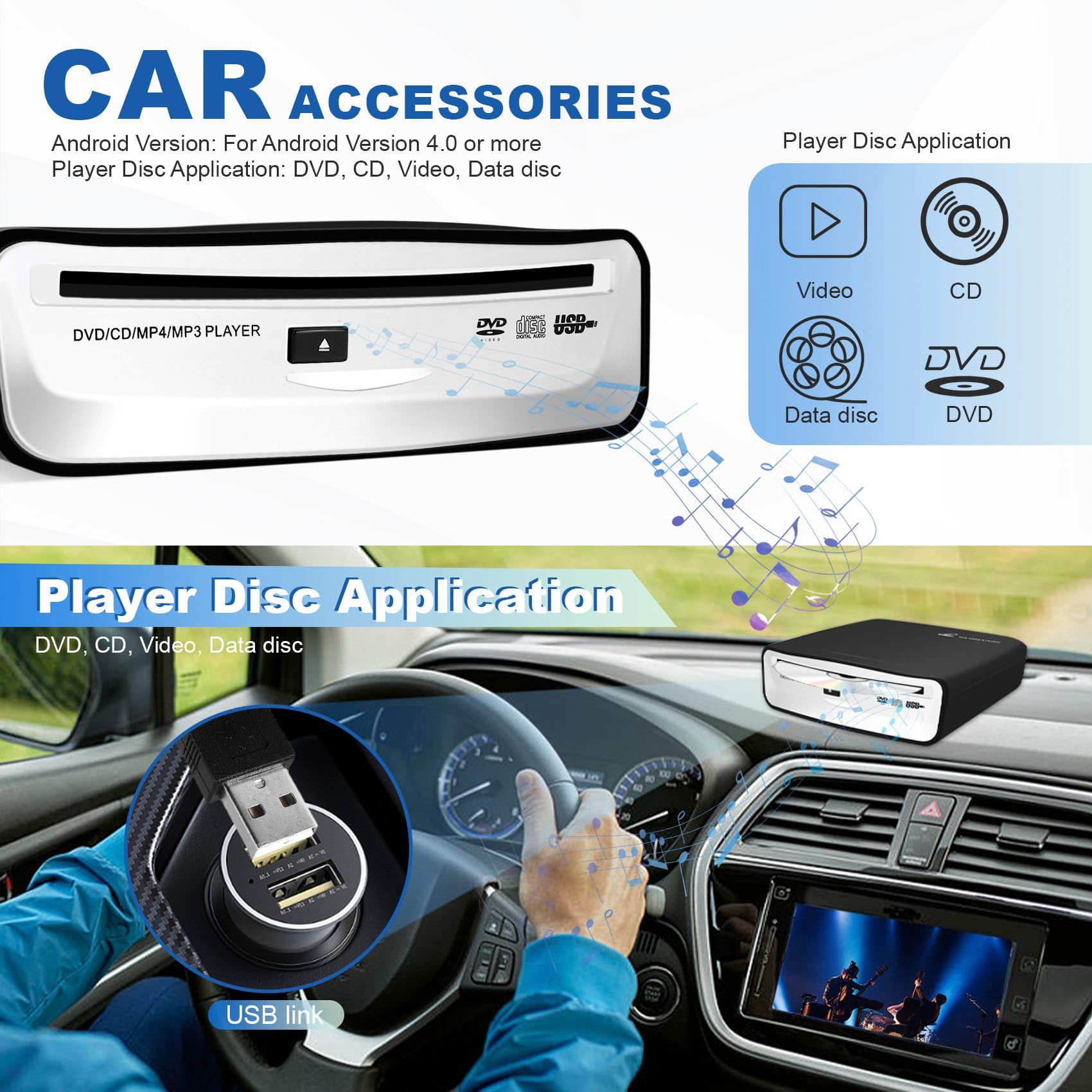 Interfejs USB 2.0, radio samochodowe, odtwarzacz płyt CD/DVD, zewnętrzny odtwarzacz stereo dla systemu Android