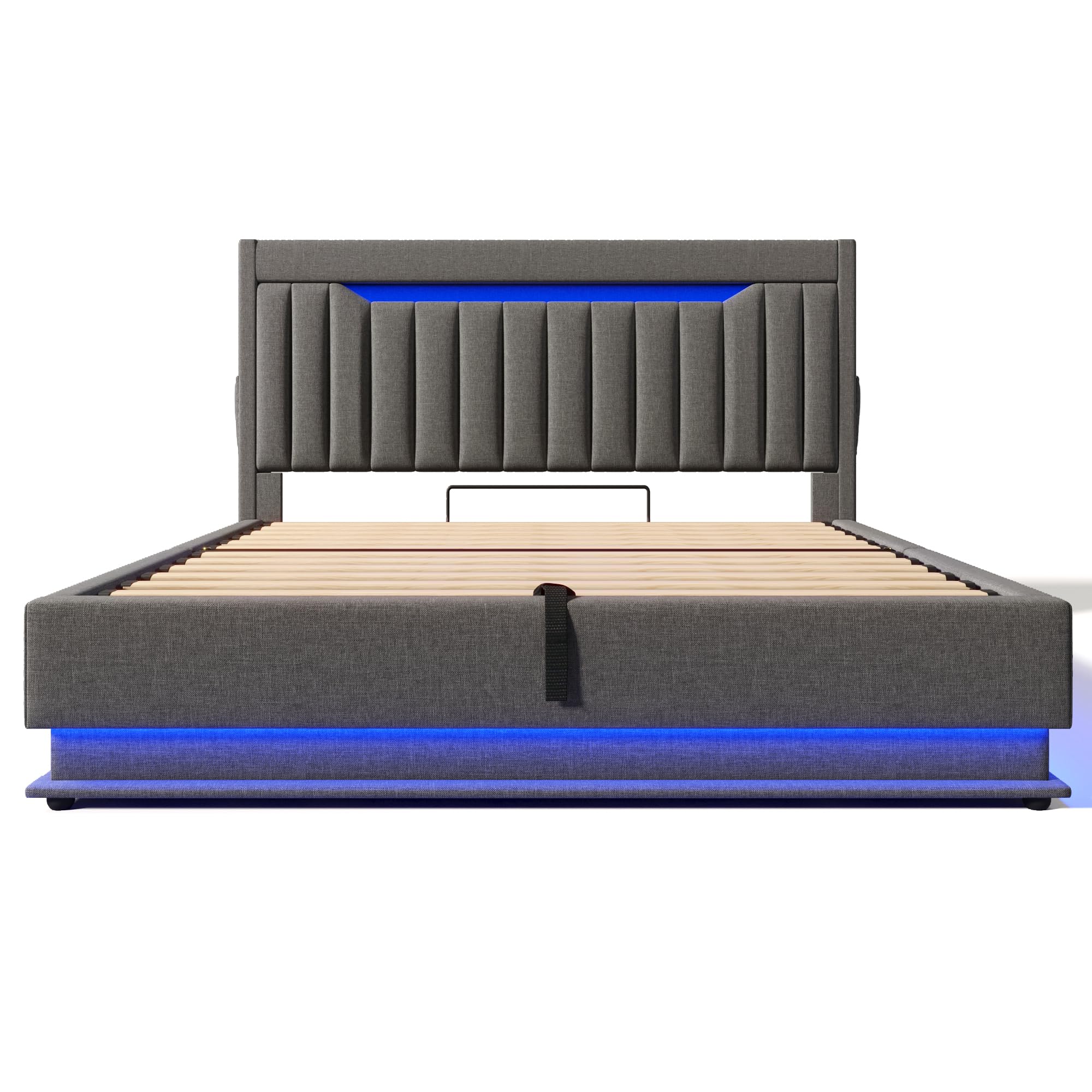 Polsterbett 160x200 cm, Stauraum-Kopfteil mit USB- und Typ-C Ladefunktion, Doppelbett mit Hydraulischem Stauraum, Bettgeltell mit LED und Lattenrost, Leinen, Grau, ohne Matratze