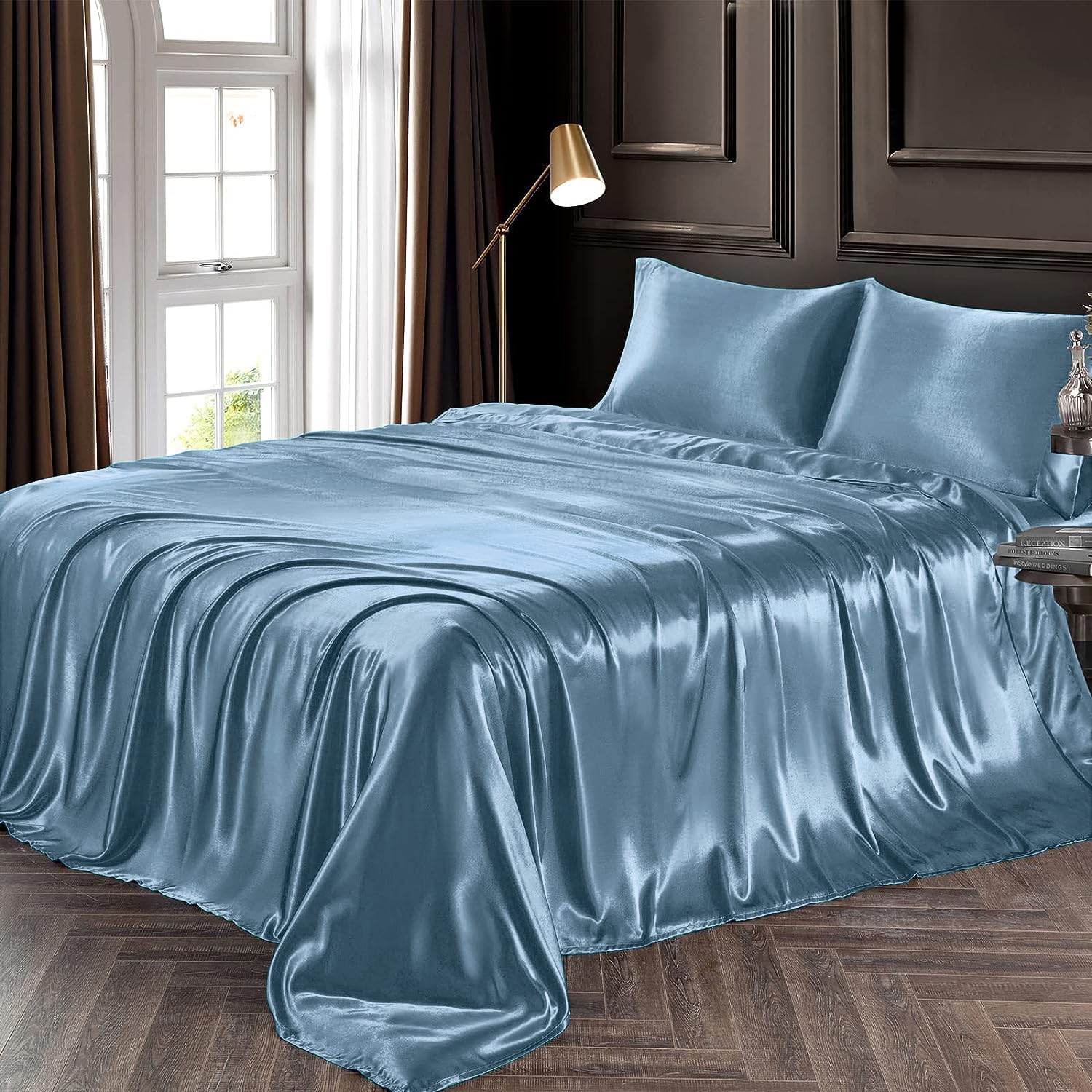 Chvonttow 3 Piece Satin Sheets Twin Size Luxury Silky Satin Bed Sheets Set, Wrinkle, Fade, Stain Resistant, 1 Deep Pocket Fitted Sheet + 1 Flat Sheet + 1 Pillowcases (Sky Blue)