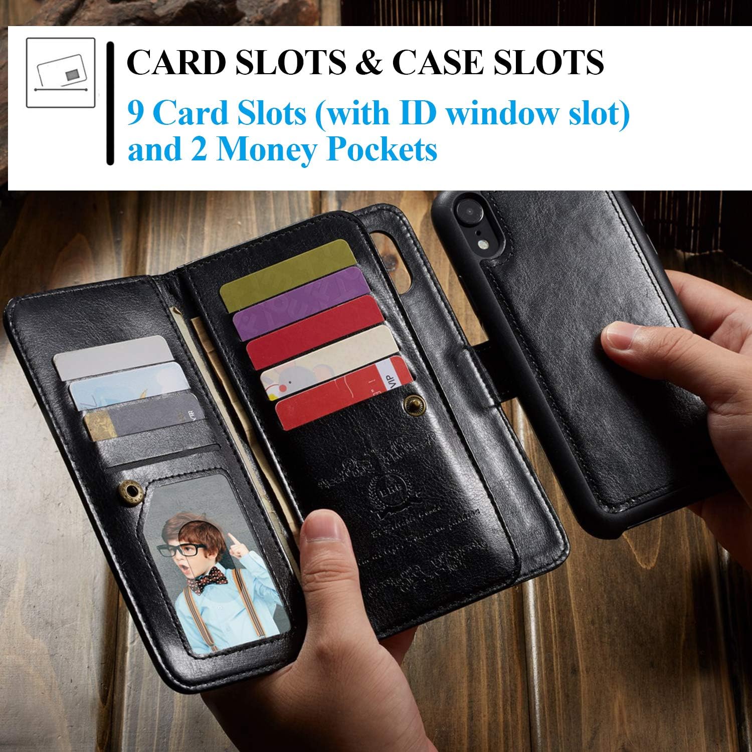 XRPow iPhone XR Case, [2 in 1] iPhone XR Magnetic Detachable Wallet Case [PU Leather] Folio Flip [9 Card Slot] [Wrist Strap] Durable Protection Back Cover for iPhone XR 6.1Inch (Black)