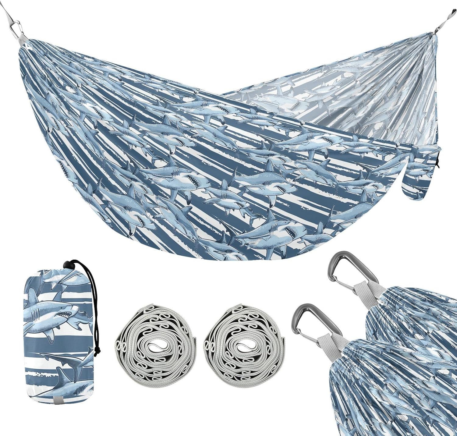 ALAZA Shark Stripes Camping Hammocks Single or 2 Person 500 lbs Portable Parachute Travel Hammock w/Tree Straps for Hiking Backpacking Indoor Outdoor