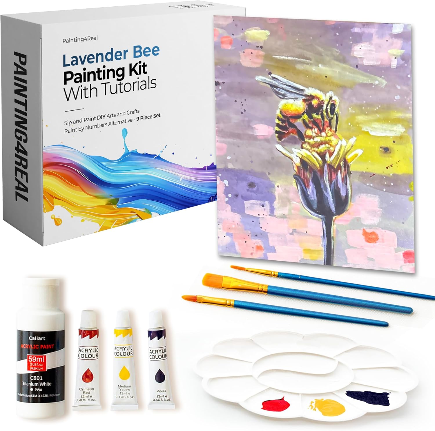 Painting4Real DIY Art Painting Kit for Adults with Video Tutorials – Learn to Paint Lavender Bee - 9 Pieces Acrylic Paint Set & Art Supplies for Adults, Mother Day Gift for Mom, Women, Art Lover