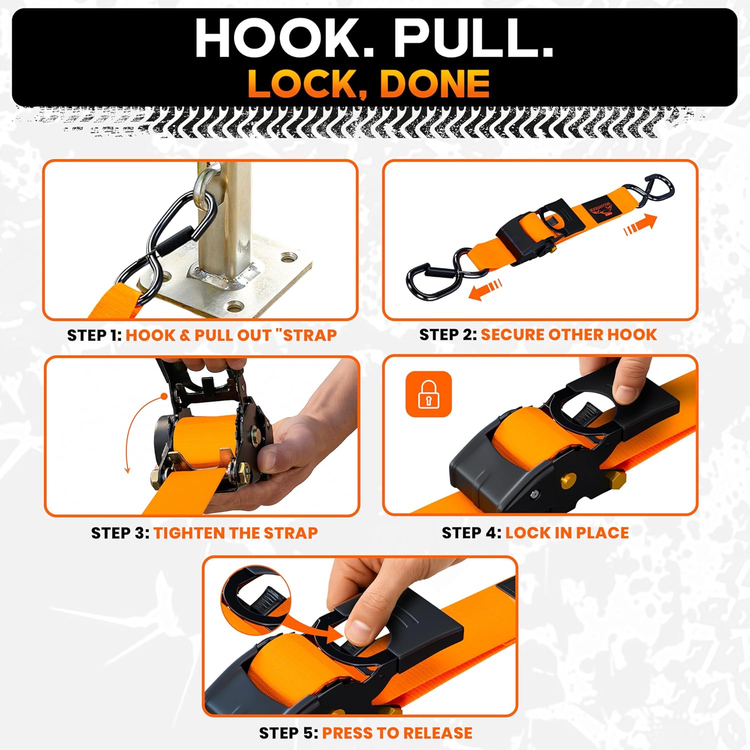 RoofPax Premium 2'' x 10" Retractable Ratchet Straps 4 Pack 3000lbs Break Strength Heavy Duty Auto Self-Retracting Tie Down Straps for Trucks Secure Cargo Tie Downs with 6pcs Bungee Cords - Image 4