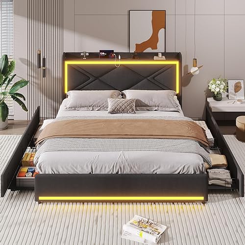 Miniatura 8 de Base de cama matrimonial con cabecero de luces LED RGB y estación de carga USB-CA, moderna plataforma tapizada con cajones de almacenamiento,