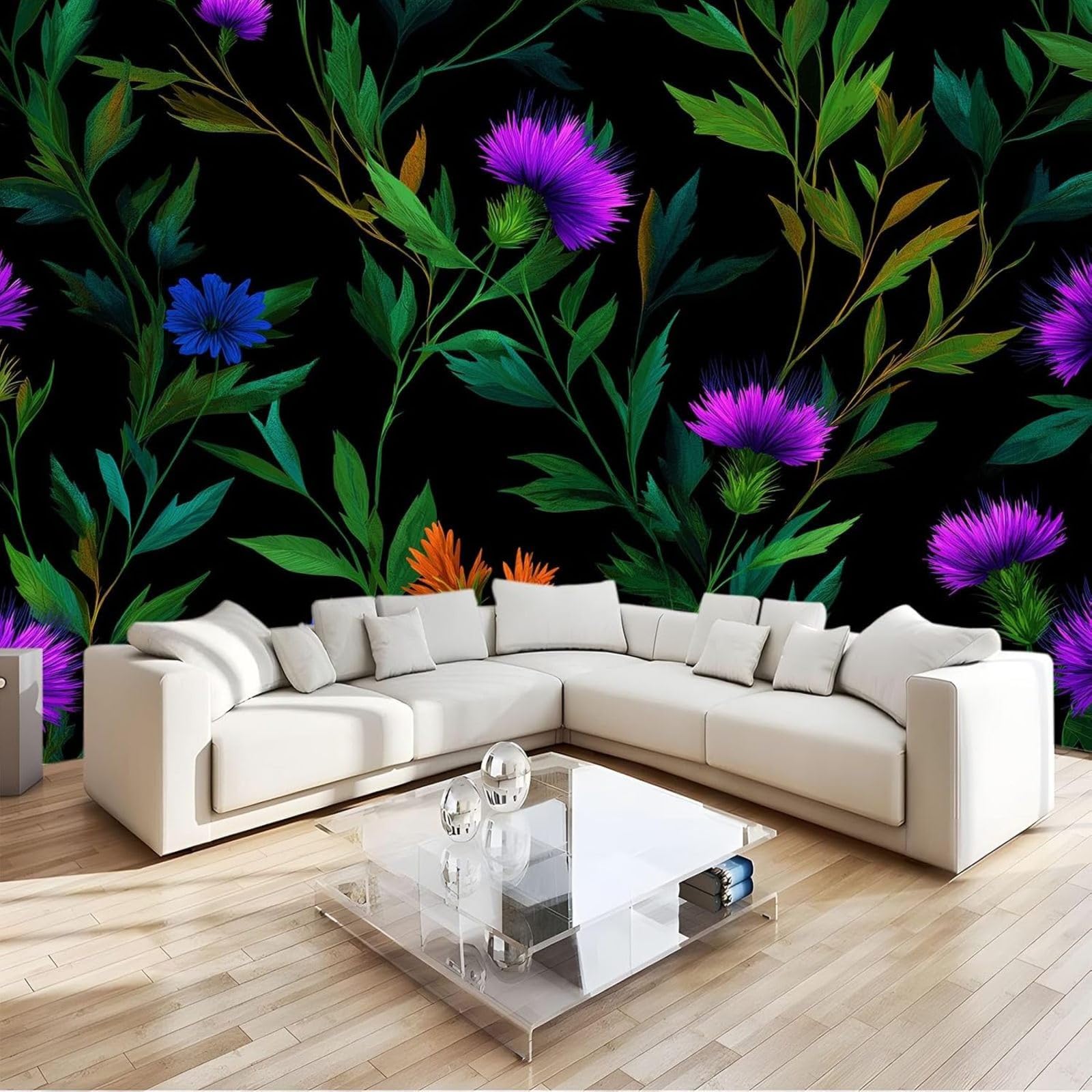 hgjdjhnf Photo Wallpaper Wildflowers Green Leaves Wallpaper Wallcovering Wall Decor Design Patterned Wallpaper Wall Decoration Living Room Bedroom Office Hallway, Black, 250cm x 175cm