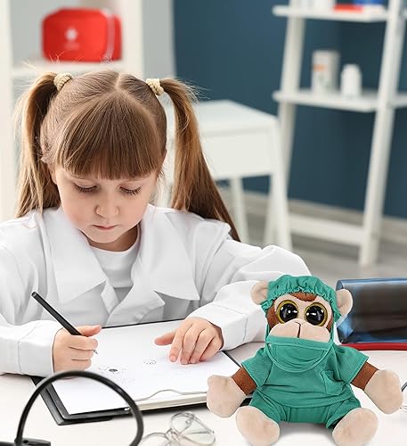 Miniatura 7 de DolliBu Monkey Big Eye - Peluche de doctor de 6 pulgadas, disfraz de mono súper suave con bonito uniforme y traje de gorra, regalo con