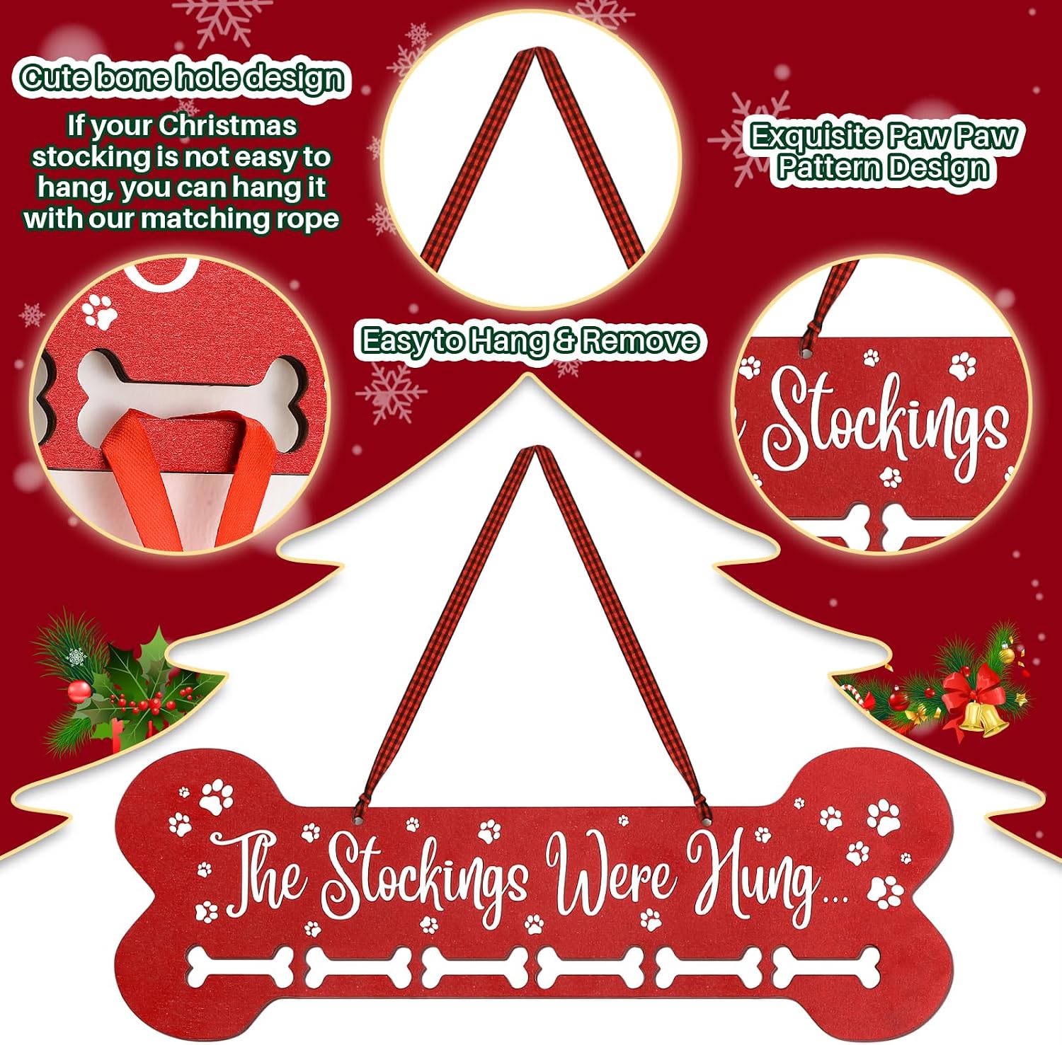 Bucherry 15.8 Inches Christmas Pet Stocking Holder for Dog Wall Mantle with 6 Hangers Wood Dog Bone Mantle Garland Stocking Holders for Christmas Decorations Xmas Holiday Supplies Fireplace Decor