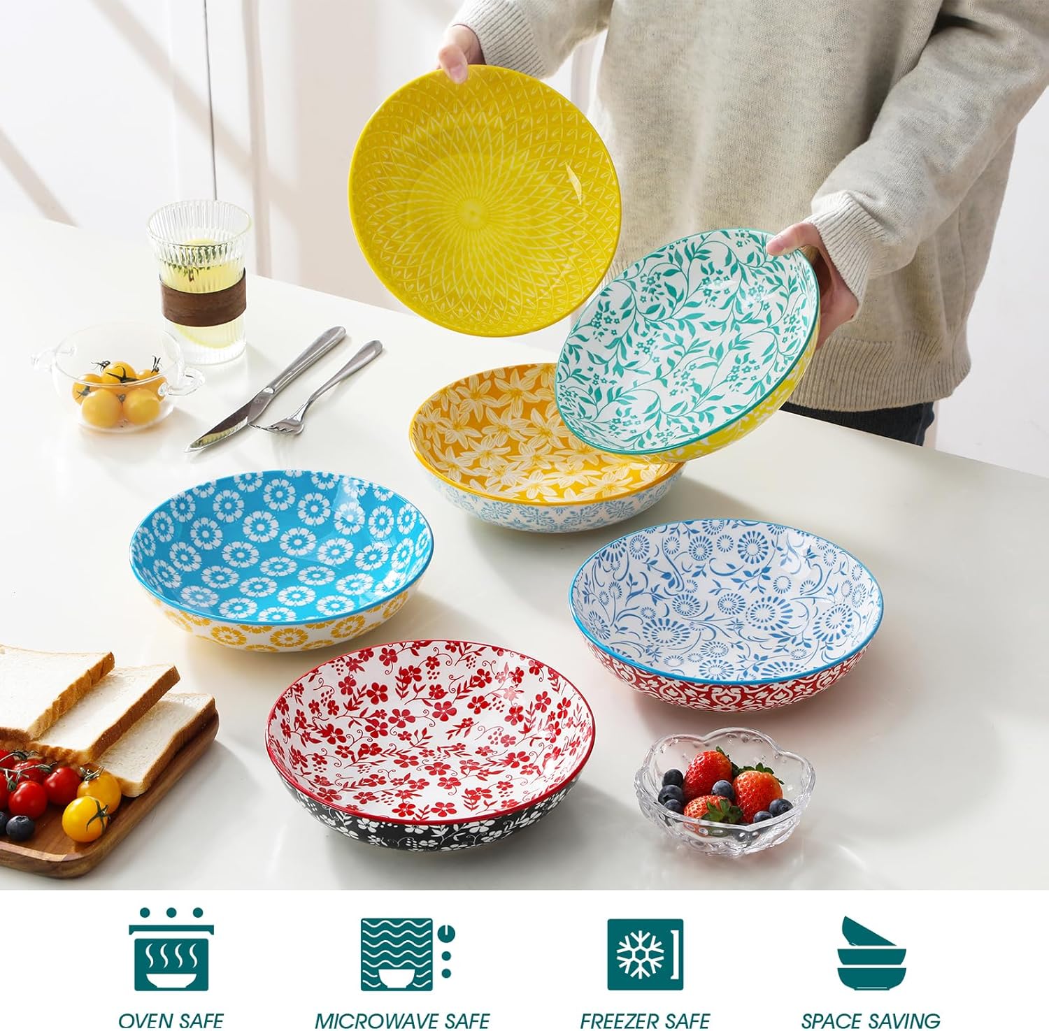 vancasso 8.5" Pasta Bowls Set of 6, 40 oz Porcelain Shallow Salad Bowls, Serving Bowls Large Kitchen Bowl Plates Pasta Dishes Plates, Colorful Floral Design, Microwave Safe, Series SELENE - Image 5