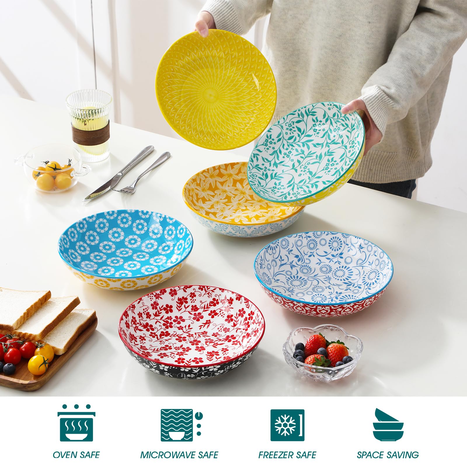 vancasso SELENE Suppenschalen 6-er Set, 1200ml Pastateller aus Pastell Porzellan – Salatschüssel für Nudel, Spaghetti und Suppe, Mikrowellengeeignet