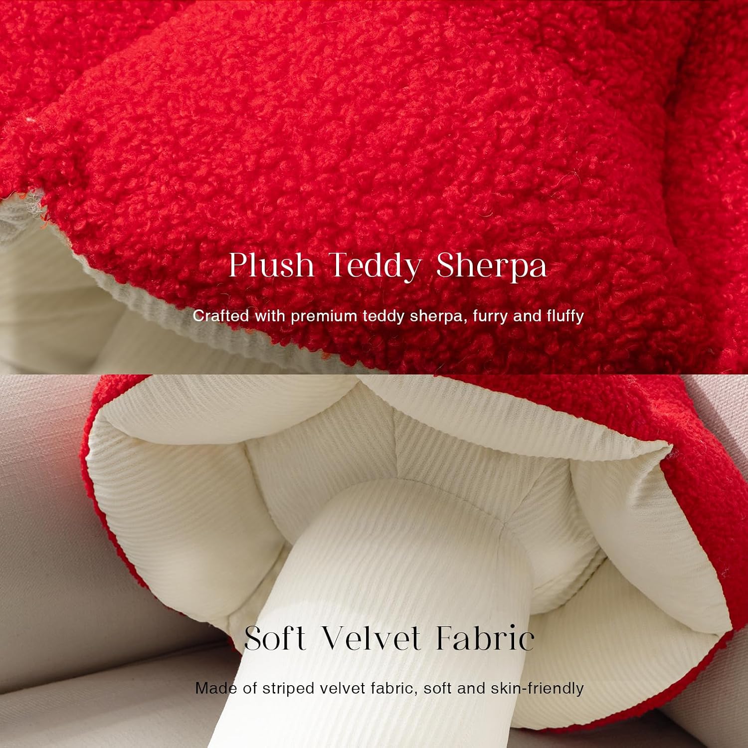Phantoscope Mushroom Shaped Throw Pillow, Teddy Fleece Soft Mushroom Decorative Pillows Cute 3D Shaped Cushion for Couch Sofa Bed Chair, Red,16 x 14 inches