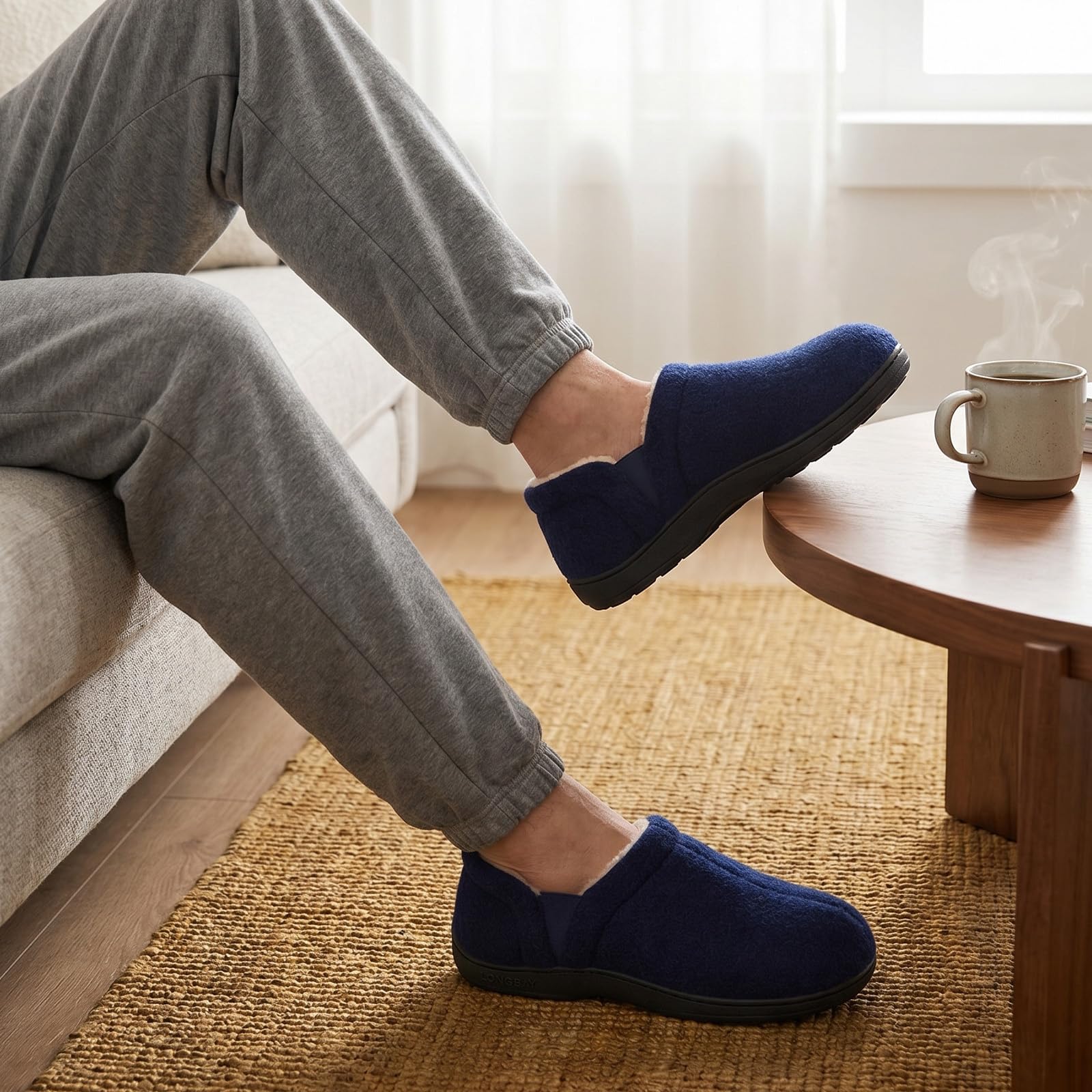 LongBay Men's Cozy Memory Foam Winter Slippers Comfy Warm House Shoes with Elastic Dual Gores for Indoor Outdoor (Navy Blue, 13-14)