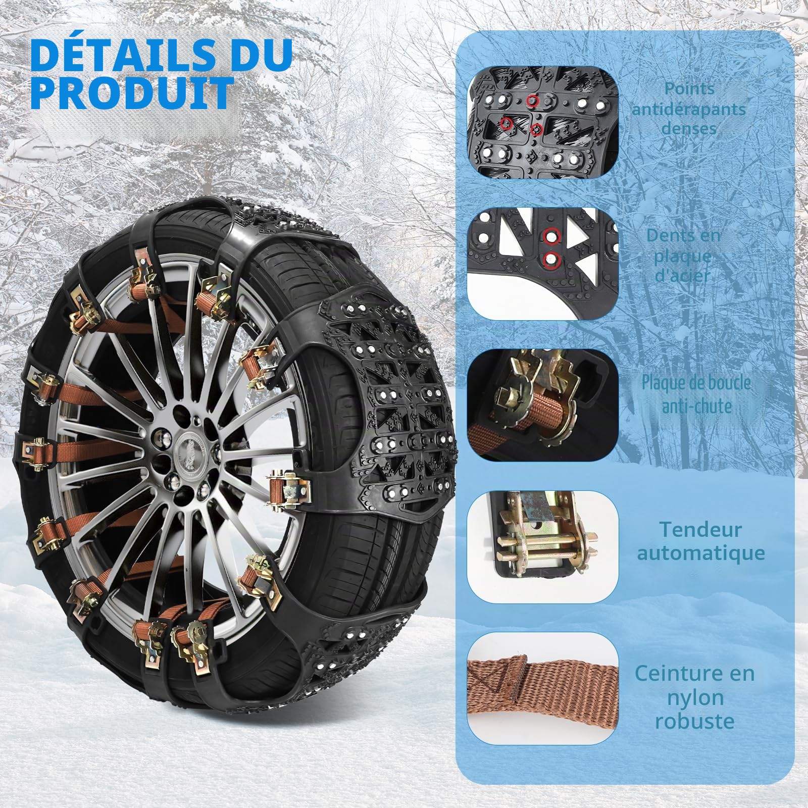DBREAKS Chaînes à Neige, 6 pièces Chaine Neige, Chaine Voiture Neige Universelles, 165-275MM Chaînes à pneus pour Largeur, Chaînes de sécurité d'hiver Pour Pneus (Noir)
