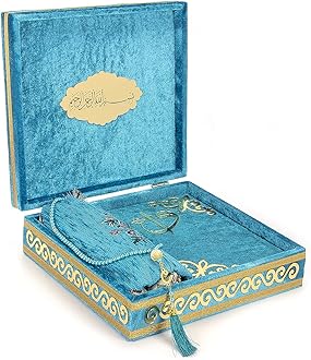 ihvan online Luxury Islamic Prayer Velvet Covered Gift Box, Deluxe 4 Piece Set with Elegant Velvet Covered Quran & Prayer Beads Tesbih & Prayer Rug, Ramadan & Eid Gift, Petroleum