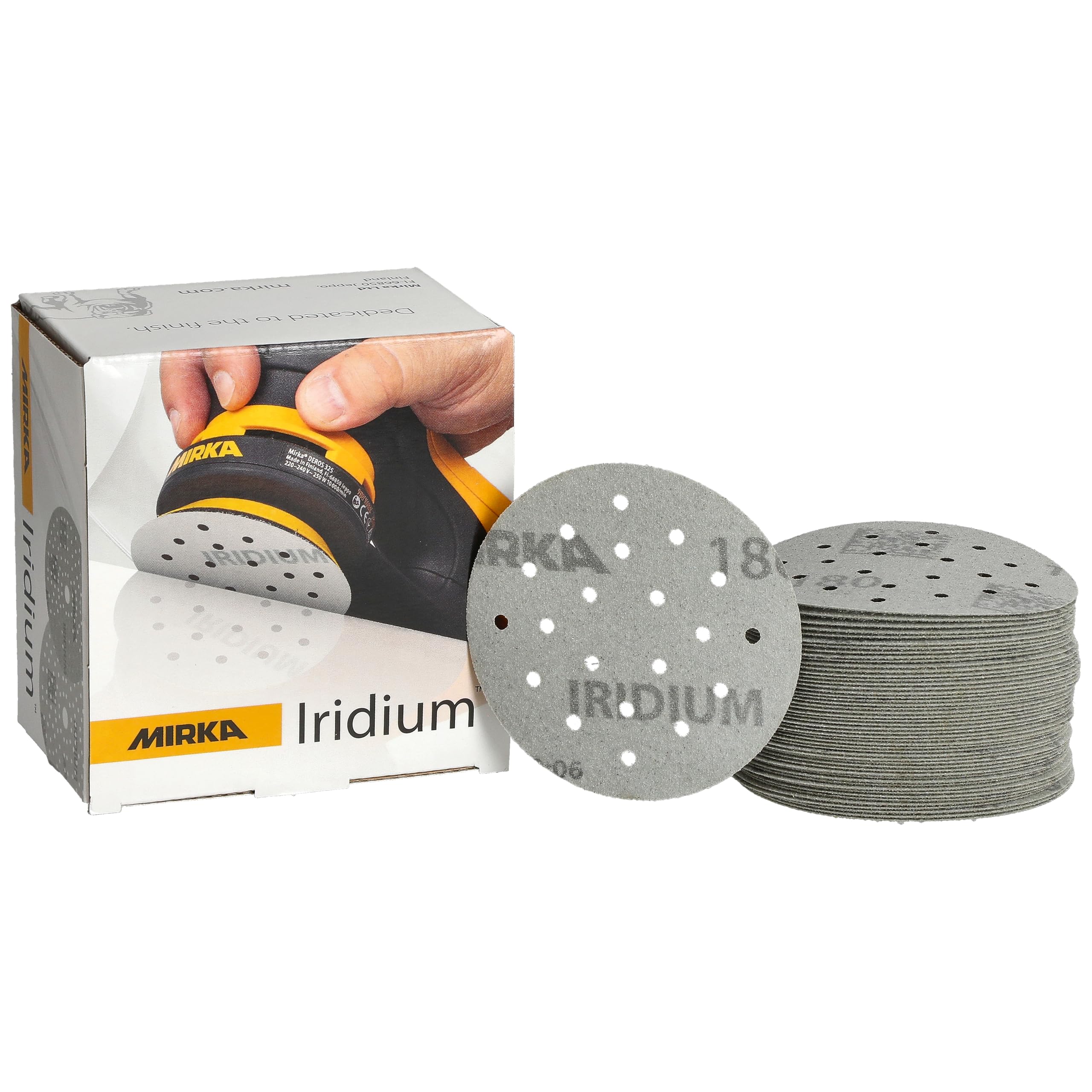 Mirka Iridium Premium Sandpaper Ø 77mm 20H Hook & loop Grit 180, 50 pcs/For sanding paint, putty, primer, wood, steel, mineral materials, plastic.