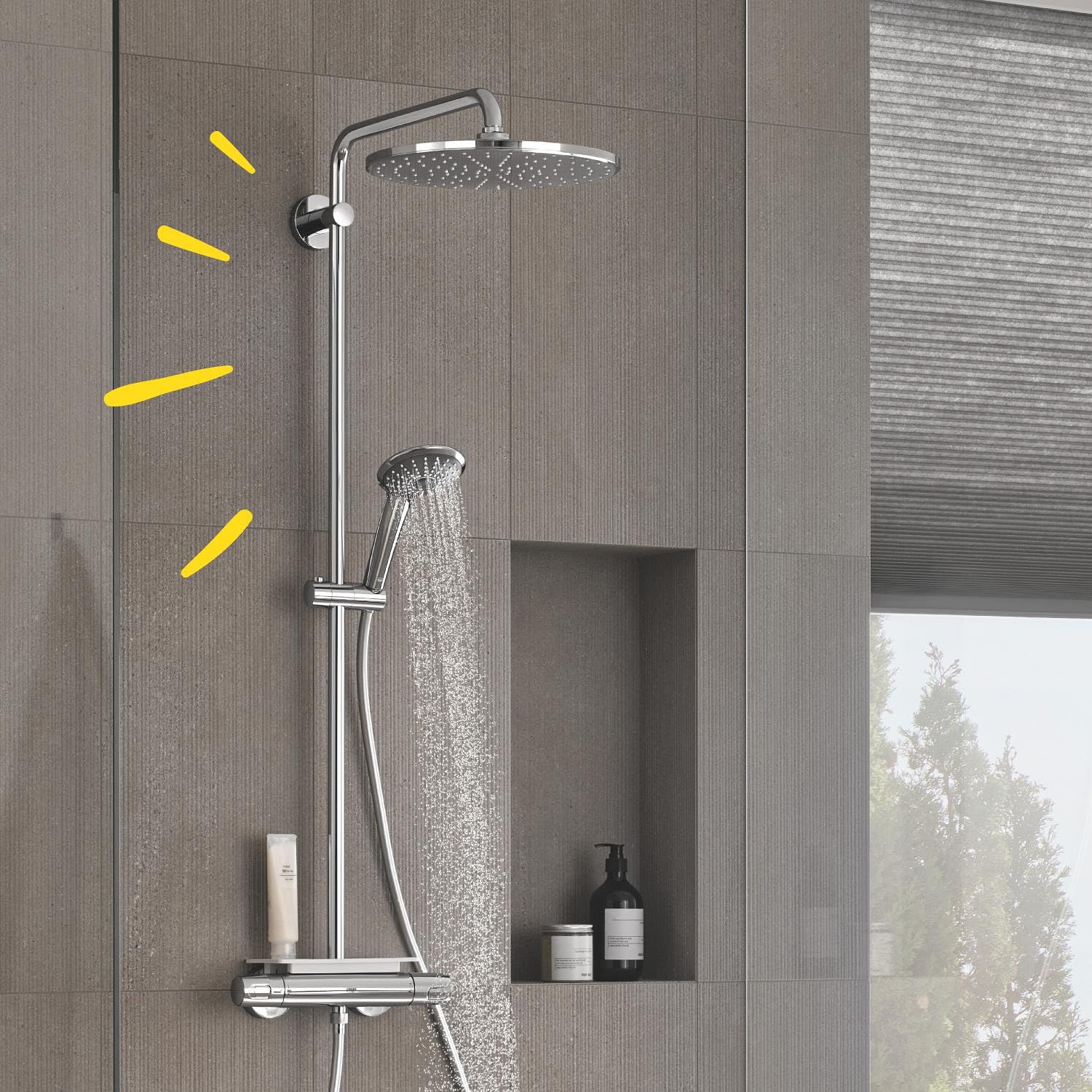 GROHE Colonne de douche avec mitigeur thermostatique Vitalio System 310, tablette incluse, tête de douche 310mm, barre orientable, douchette Vitalio Joy 310 3 jets, chromé, 26401001 (Import Allemagne)