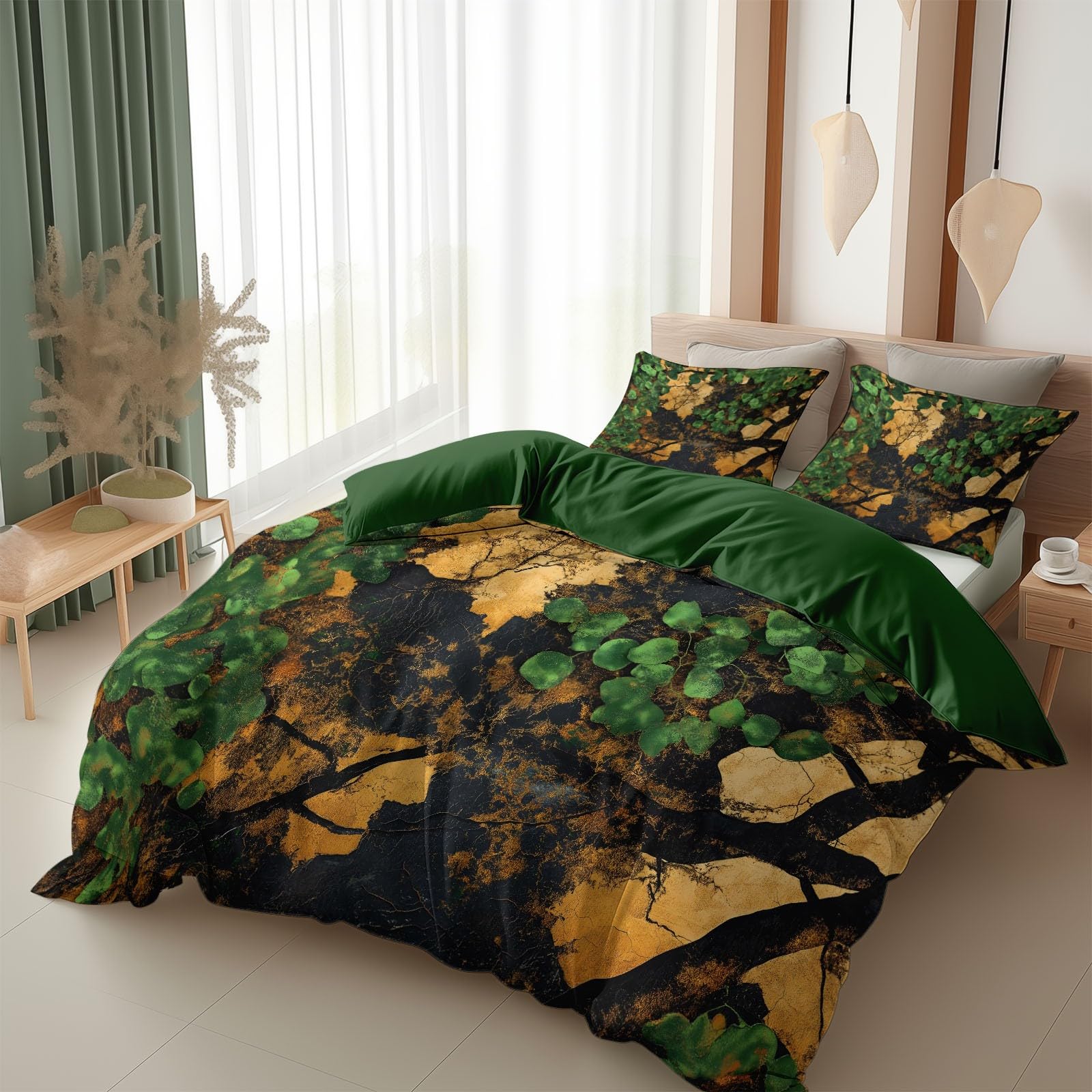 Komplet pościeli 240 x 220 cm liście moro pnącza poszwa na kołdrę z mikrofibry 2 osoby dla dzieci nastolatka dziewczyna, ciemnozielona, poszwa na kołdrę i 2 poszewki na poduszki 65 x 65 cm