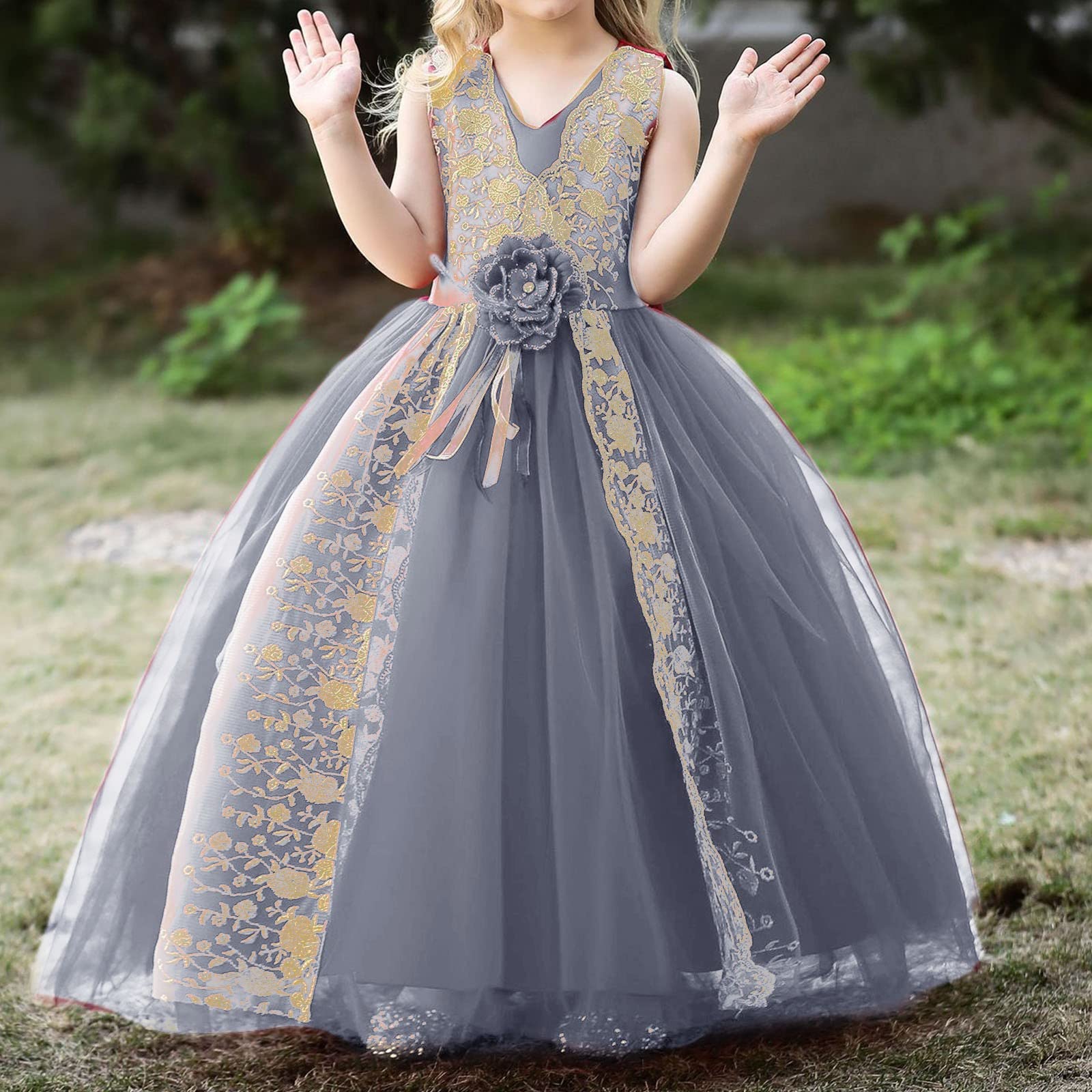 Vestido de niña princesa vestido sin mangas vestido largo vestido de niña de flores vestido de novia modelo pasarela piano traje niños pantalones niña, gris, 7-8 Años