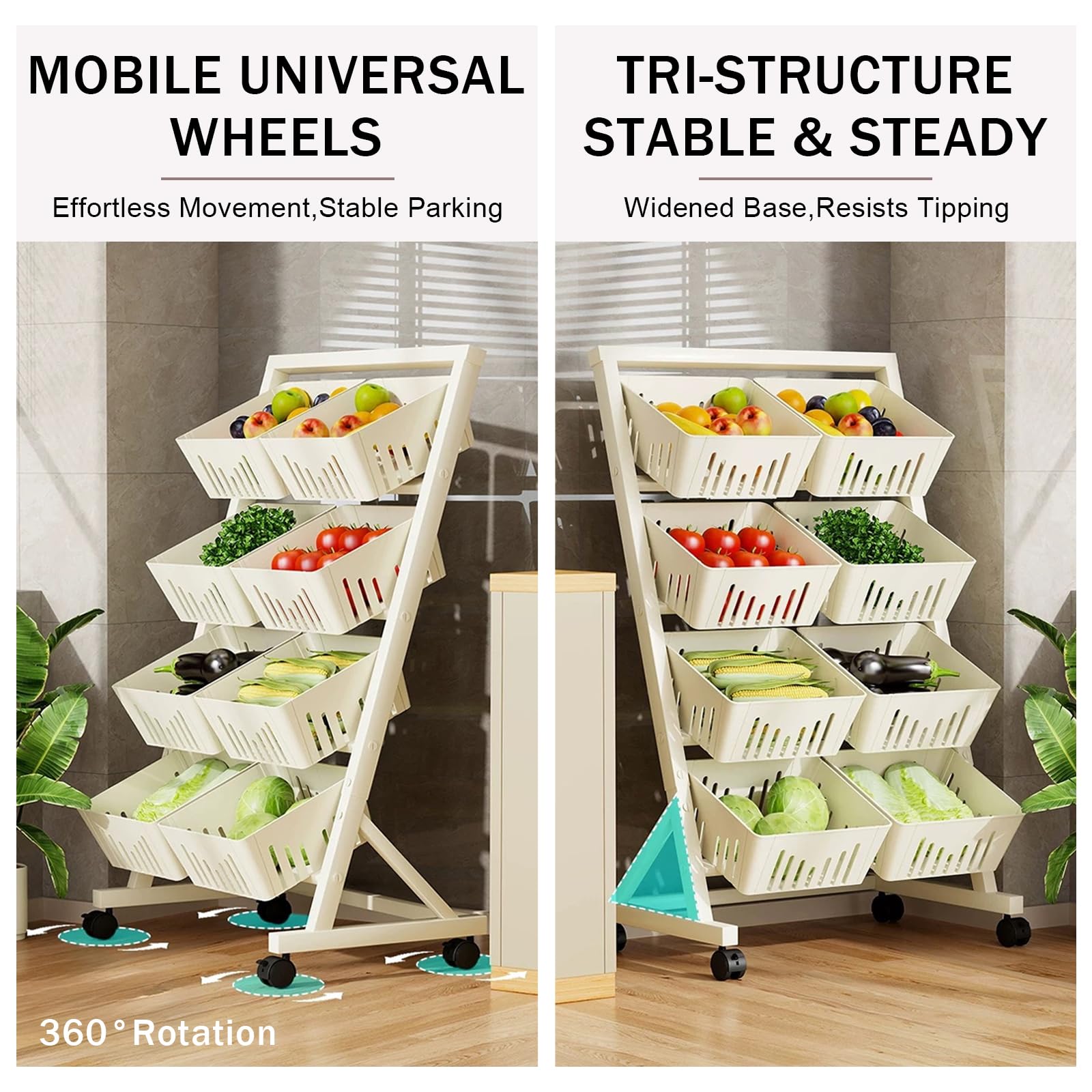 Carrito de Almacenamiento de Cocina rodante de 4 Niveles con cestas de plástico - Ideal para Frutas, Verduras, despensa, Sala de Estar y baño - Diseño portátil y Que Ahorra Espacio