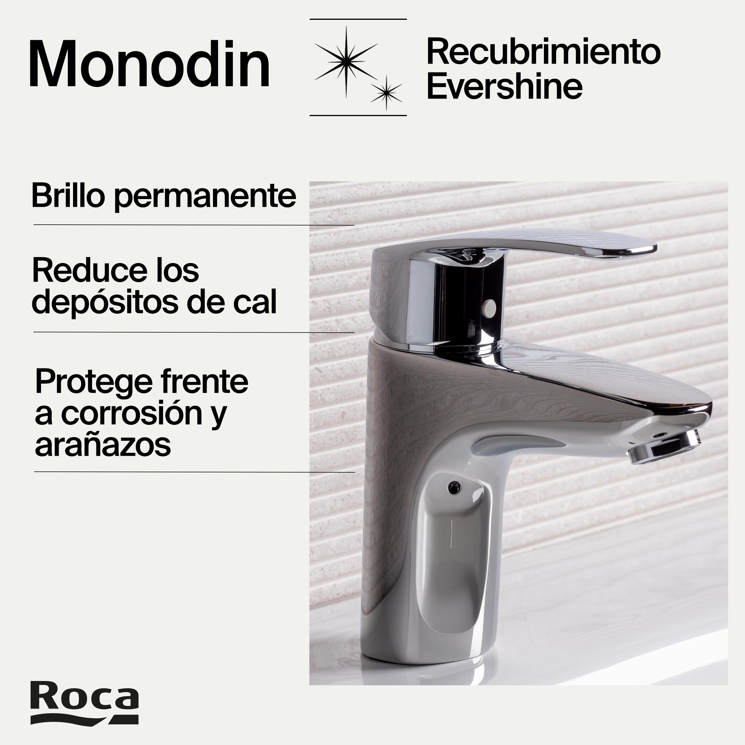 Roca Monodin Grifería para lavabo con tecnología Cold Start, grifo monomando de repisa con enlaces de alimentación flexibles, mezclador de cuarto de baño de fácil instalación, cromado, A5A3298C00