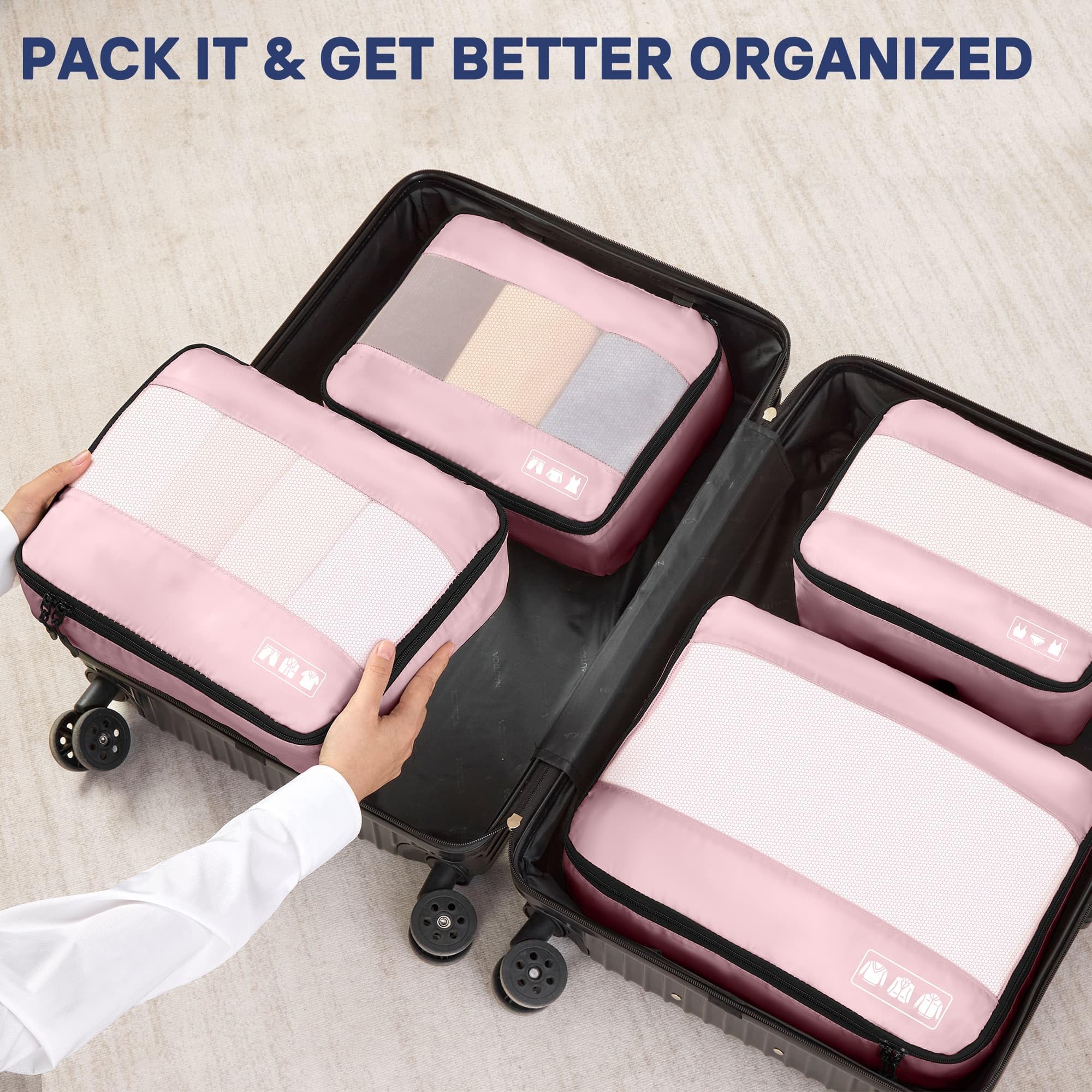 Narwey Set di 7 cubi da imballaggio per valigie e zaini, organizer per valigie a righe, borse da viaggio, cubi per scarpe, borsa per bagaglio a mano, accessori essenziali da viaggio (strisce