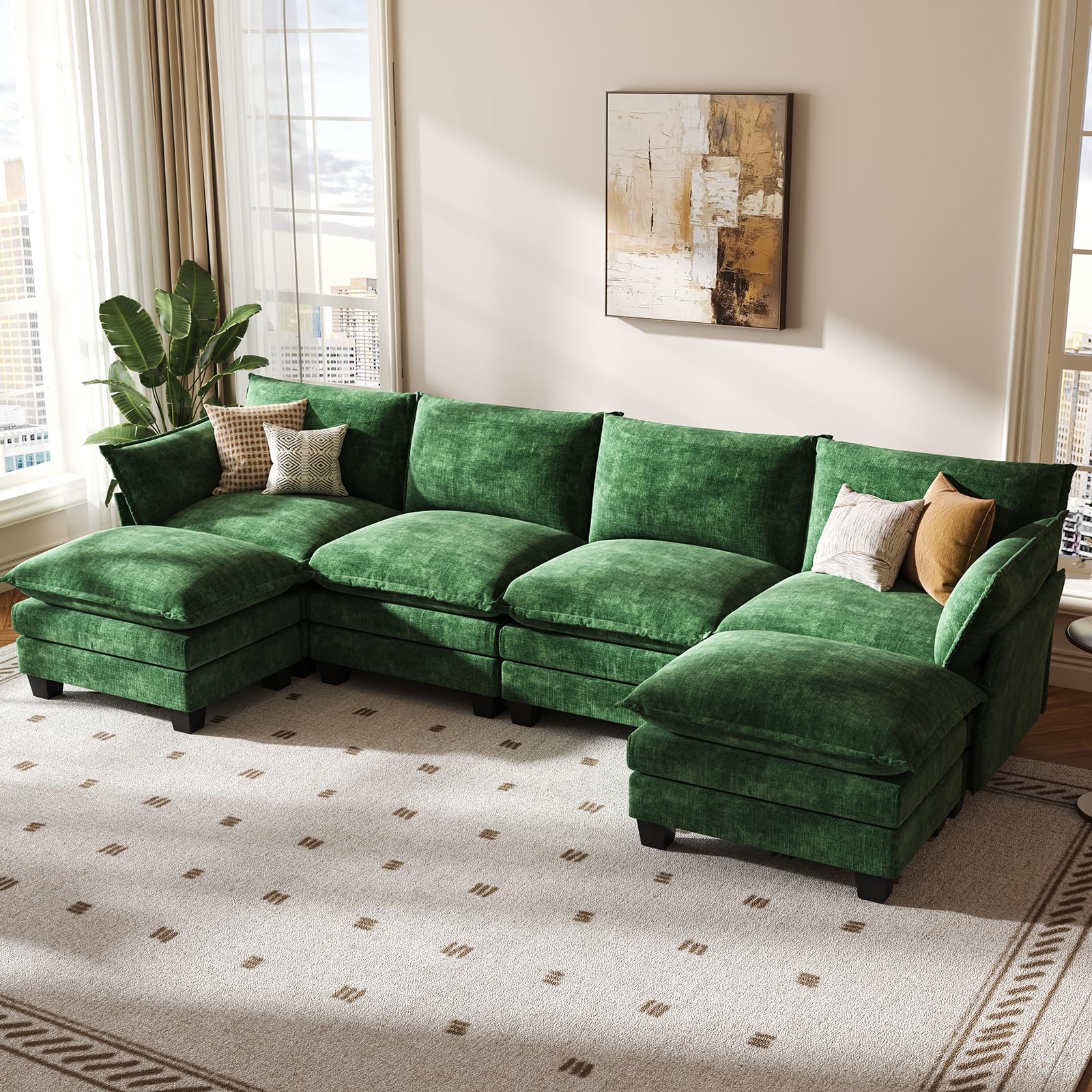 KKL 120" Modular Sectional Sofa, U-Shaped 6 Seater Convertible L-Shaped Cloud Couch with Ottoman, Chenille Modern Sectional Couches for Living Room, Apartment, Green