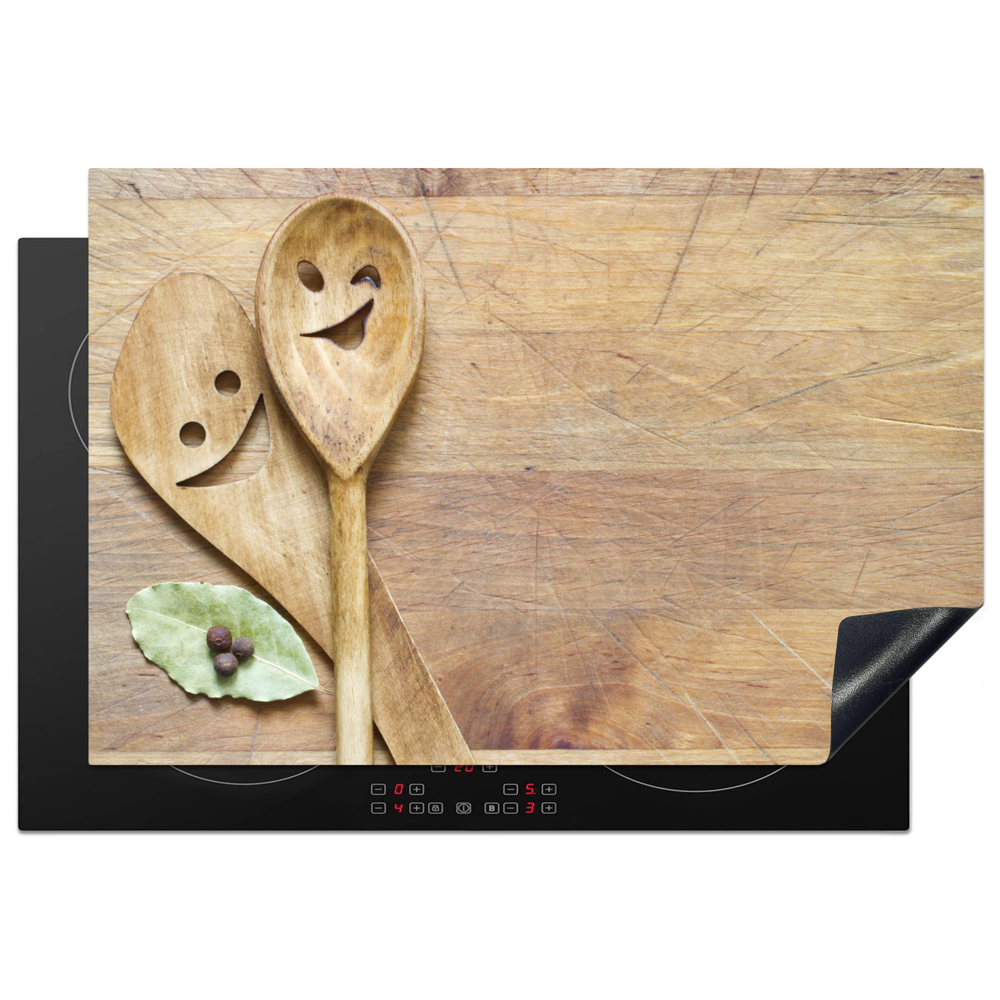 KitchenYeah© Induction Hob Protector Mat 20.3"x29.9" / 76x51.5 cm Stove Cap Top Cover Kitchen Cooker Covers for Electric Hobs Vinyl Wood - Spoons - Brown - Smiley