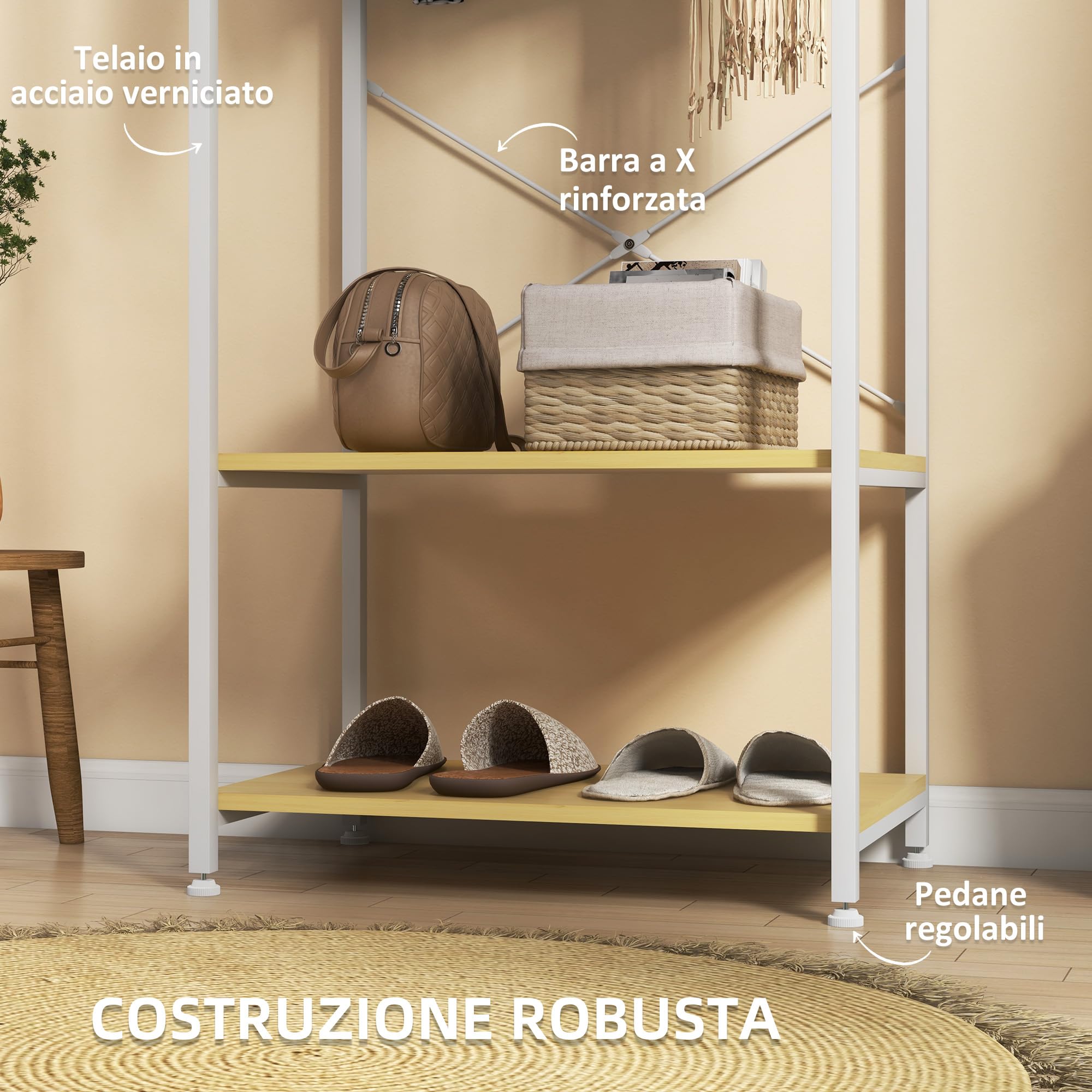 HOMCOM Mobile Appendiabiti 2 in 1 con Ripiano a 2 Livelli per Cappotti e Scarpe, Appendiabiti da Terra Moderno in Acciaio e Truciolato, 60x40x167.5 cm, Bianco e color Legno