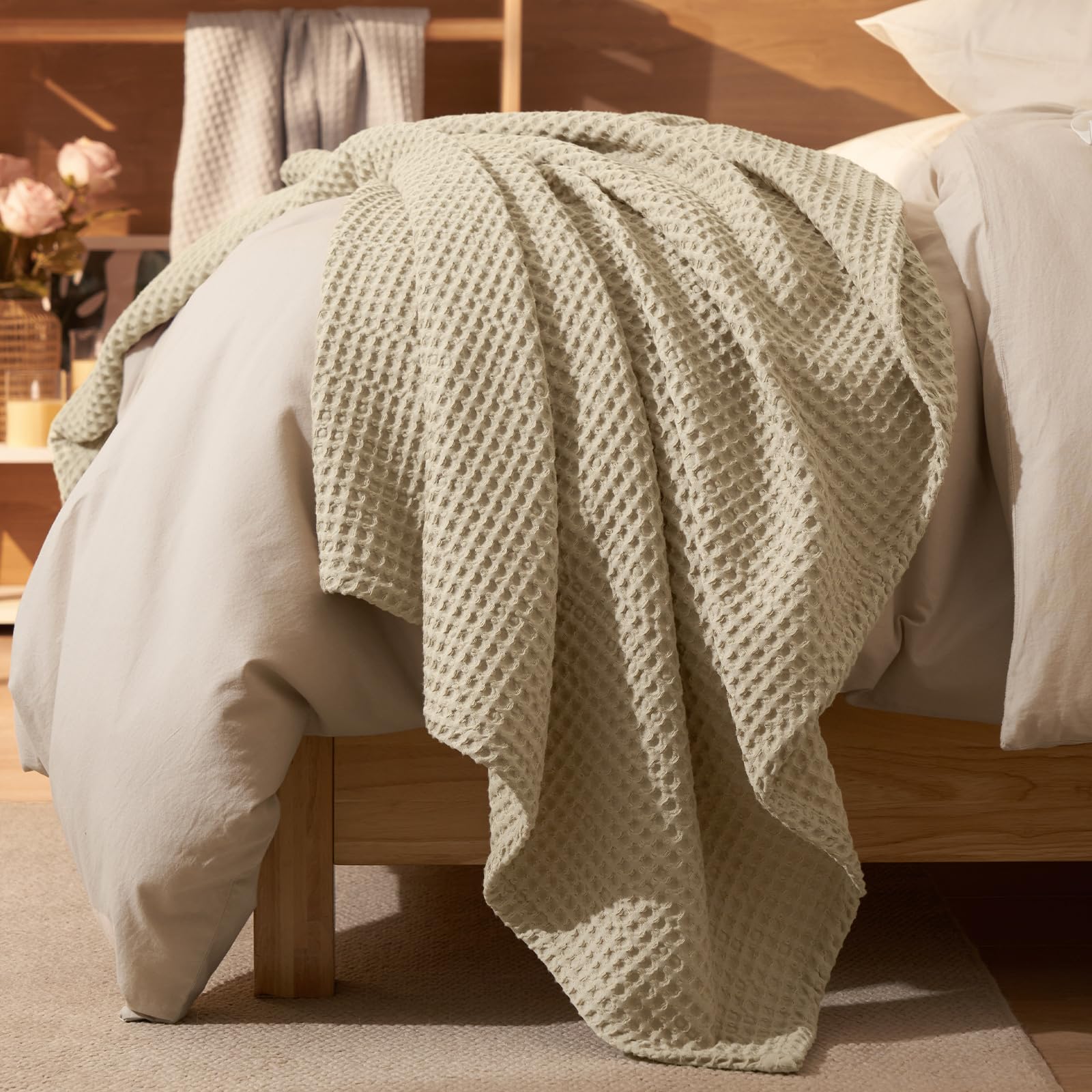 phf ultra soft waffle weave throw blanket 50"x 60"- washed lightweight breathable cozy woven blanket for bed - aesthetic decor for couch bedding sofa home car - khaki