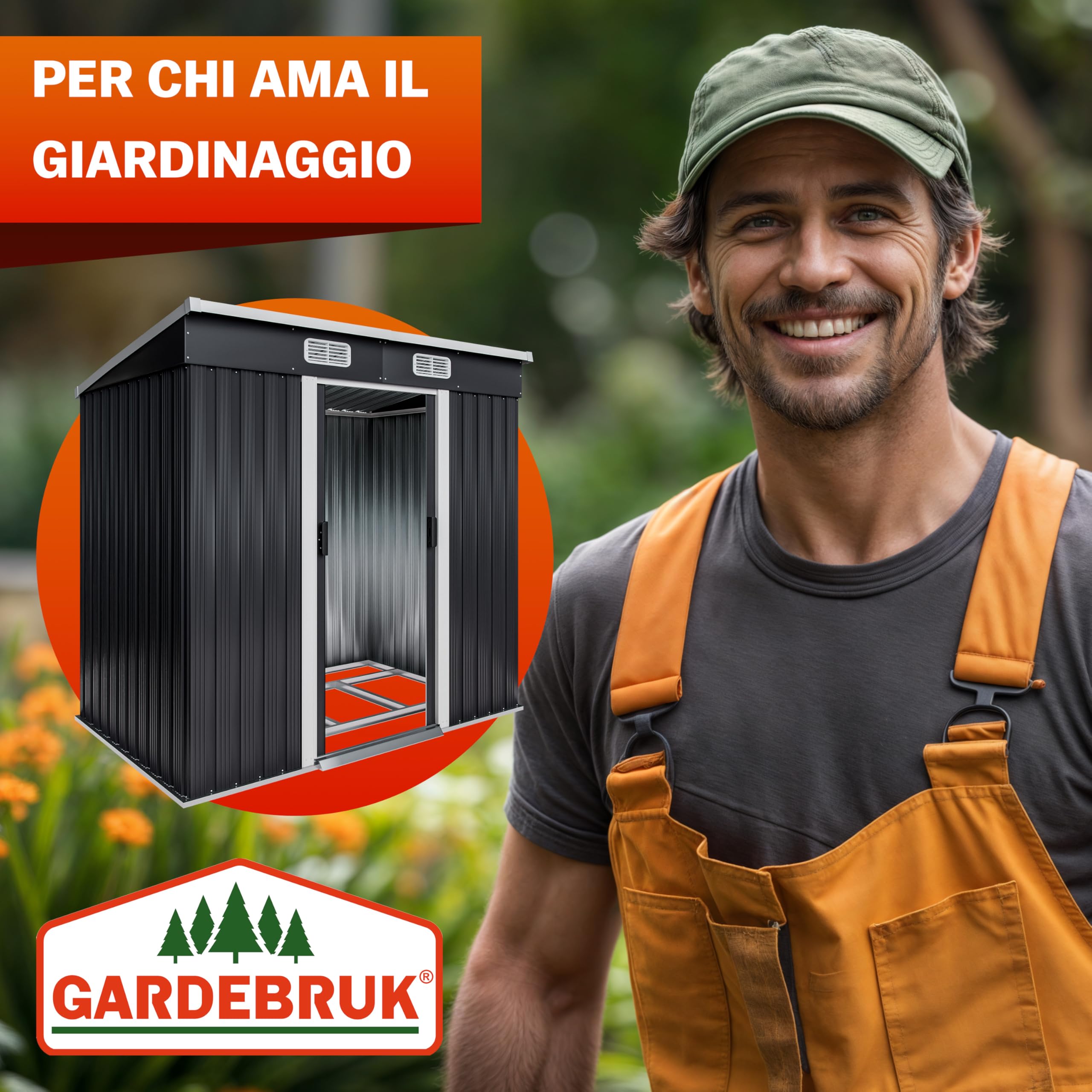 GARDEBRUK® Casetta da Giardino Capanno Attrezzi Giardinaggio in Metallo 2m² con Fondamenta 200x125x180cm Porta Scorrevole Casetta per Attrezzi verde Capanna da Esterno 4m³