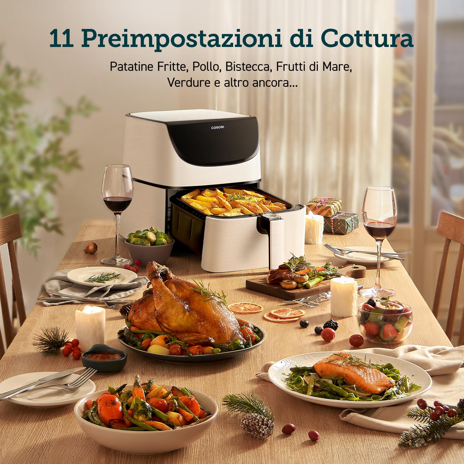 COSORI Friggitrice ad Aria 5,5 Litri, Air Fryer, 1700W, 13 Funzioni, 85% Meno Olio, 75-205°C, Fino al 50% Più Veloce del Forno, 100 Ricette Italiane, Display Digitale, CP158 Bianco