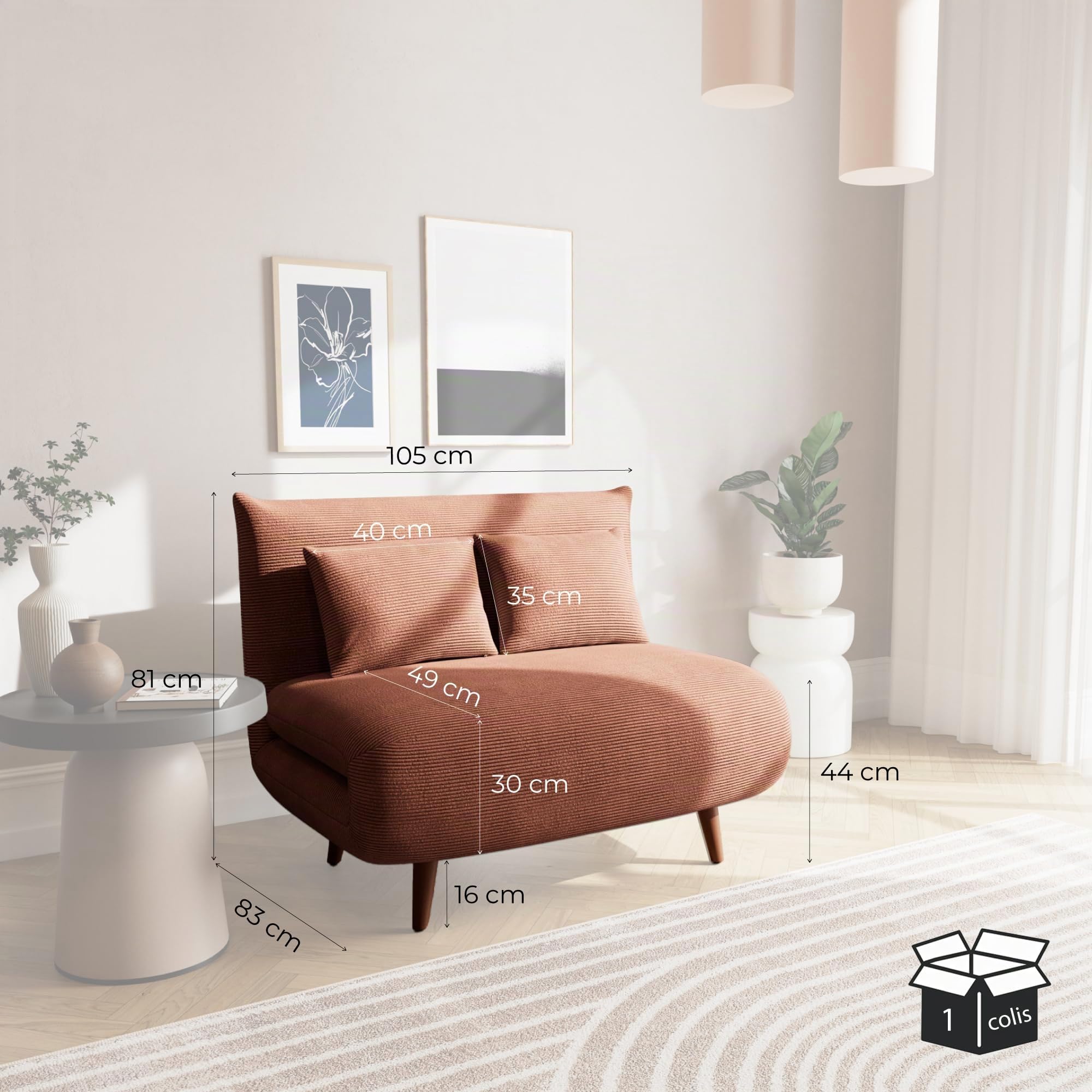 Bestmobilier Lumi Banquette Convertible clic clac 1 Place - Velours côtelé | Terracotta, couchage quotidien, petit canapé convertible design pour salon, chambre ou studio