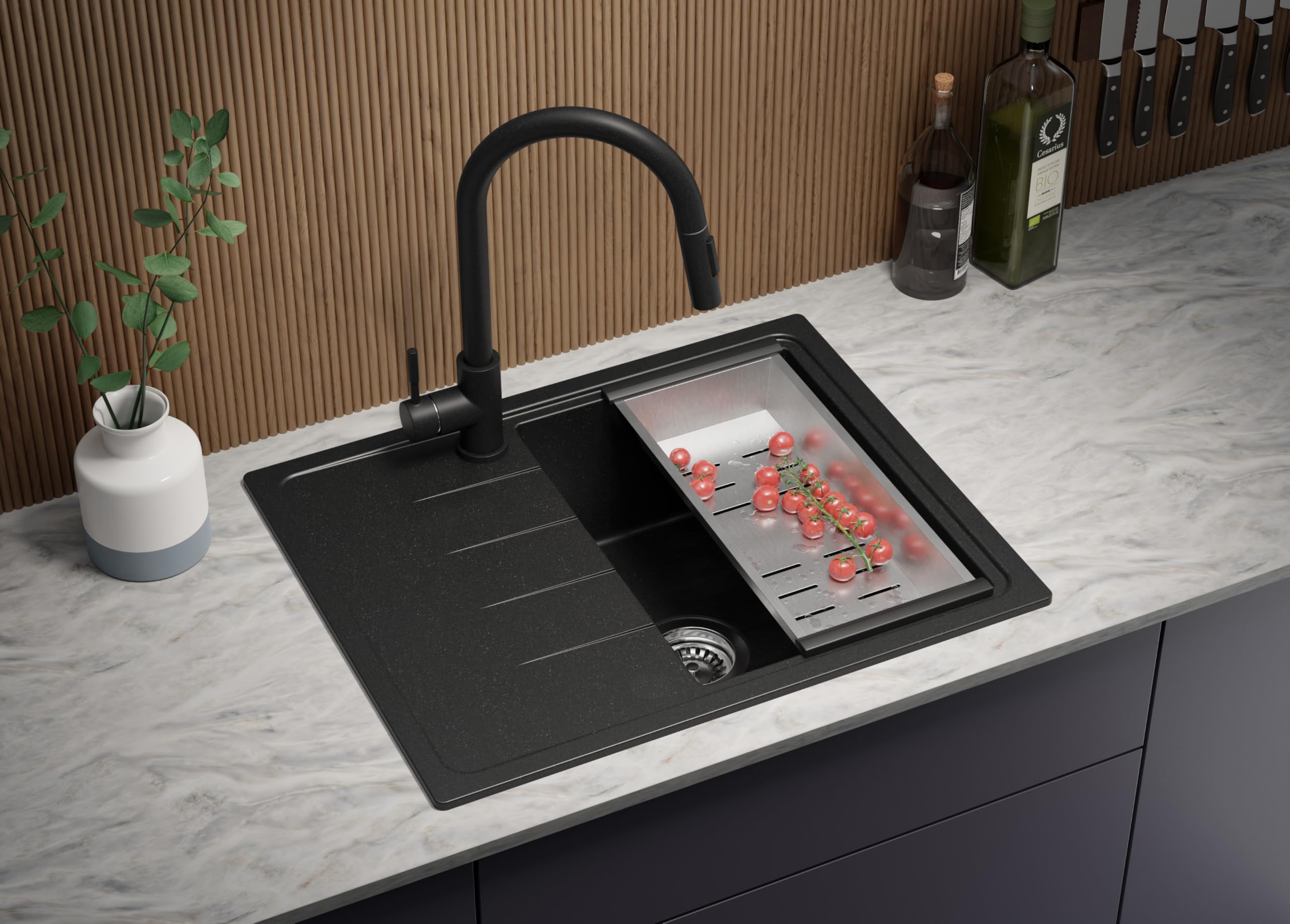PRIMAGRAN Spülbecken Schwarz 62x50cm, Granitspüle 1 Becken + Ablauf-Set, Küchenspüle ab 40er Unterschrank - Mailand S001