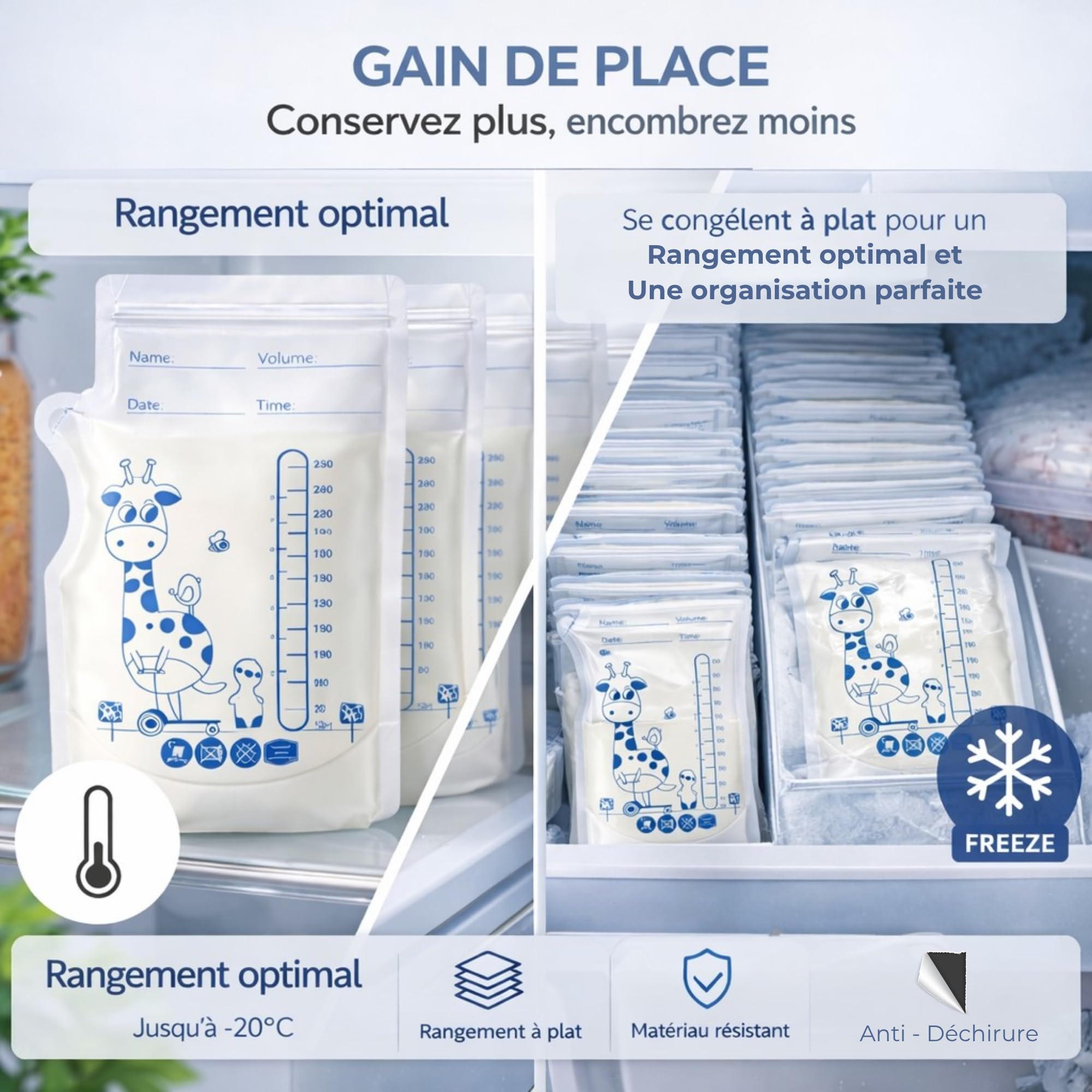 Sachets Lait Maternel 250 ml – Lot de 100 | Double Zip Anti-Fuite + Bec Verseur | Sans BPA – Conservation & Congélation – MELO