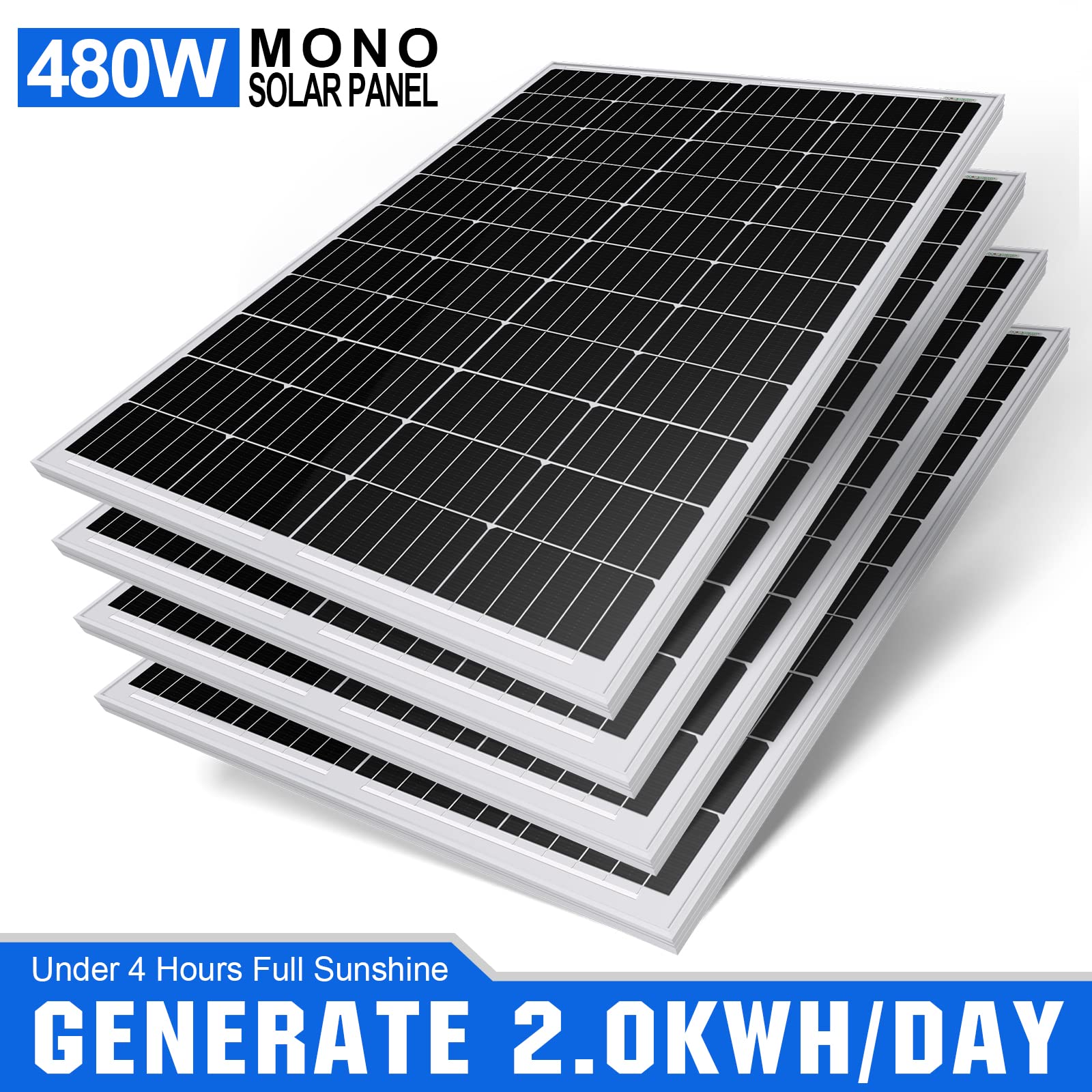 ECO-WORTHY 2 kWh Solpanelsystem med växelriktare 480 W 12 V Solpanelssats för eloberoende husbilar: 4 stycken 120 W solcellsmodul 60 A laddningsregulator 1100 W DC 12 V AC 220 V solinverter.