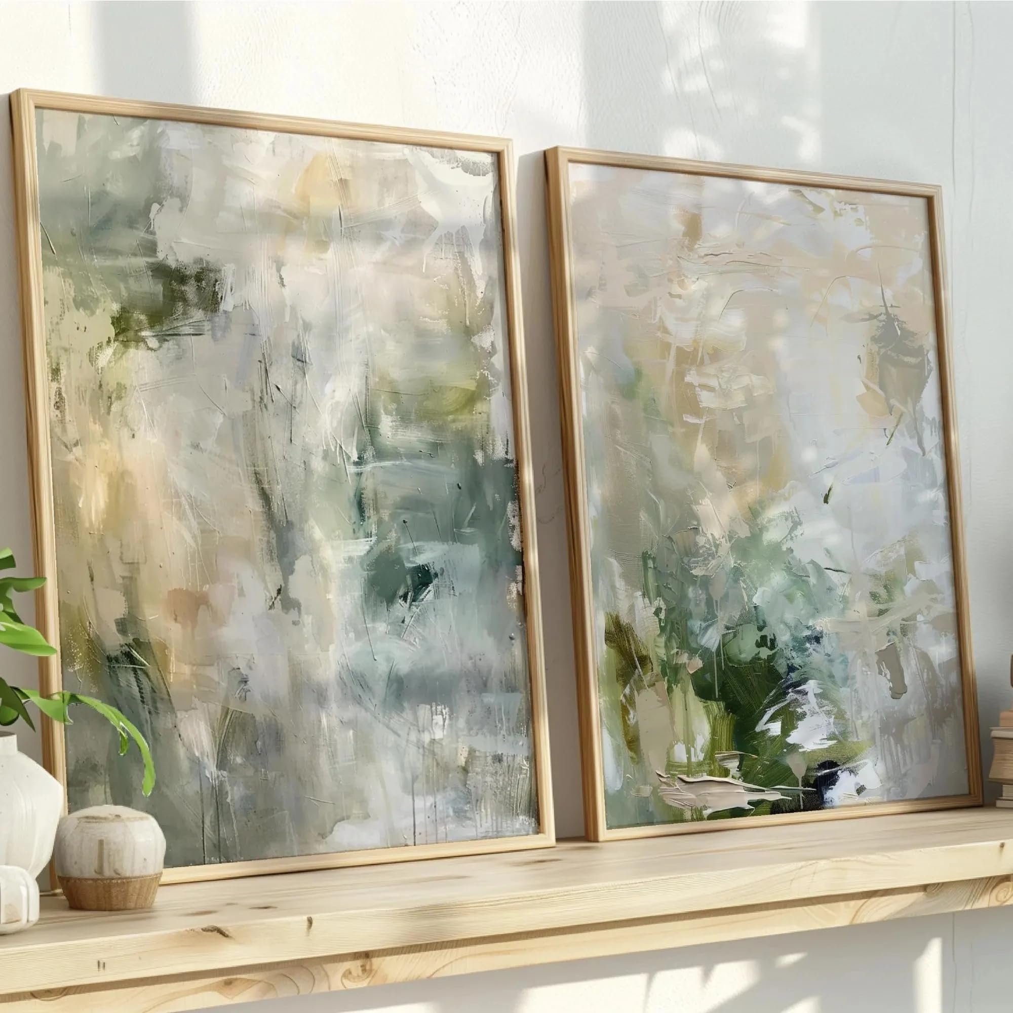 Lienzos con arte abstracto neutro beige y verde salvia de 50x70cm para salón sin marco