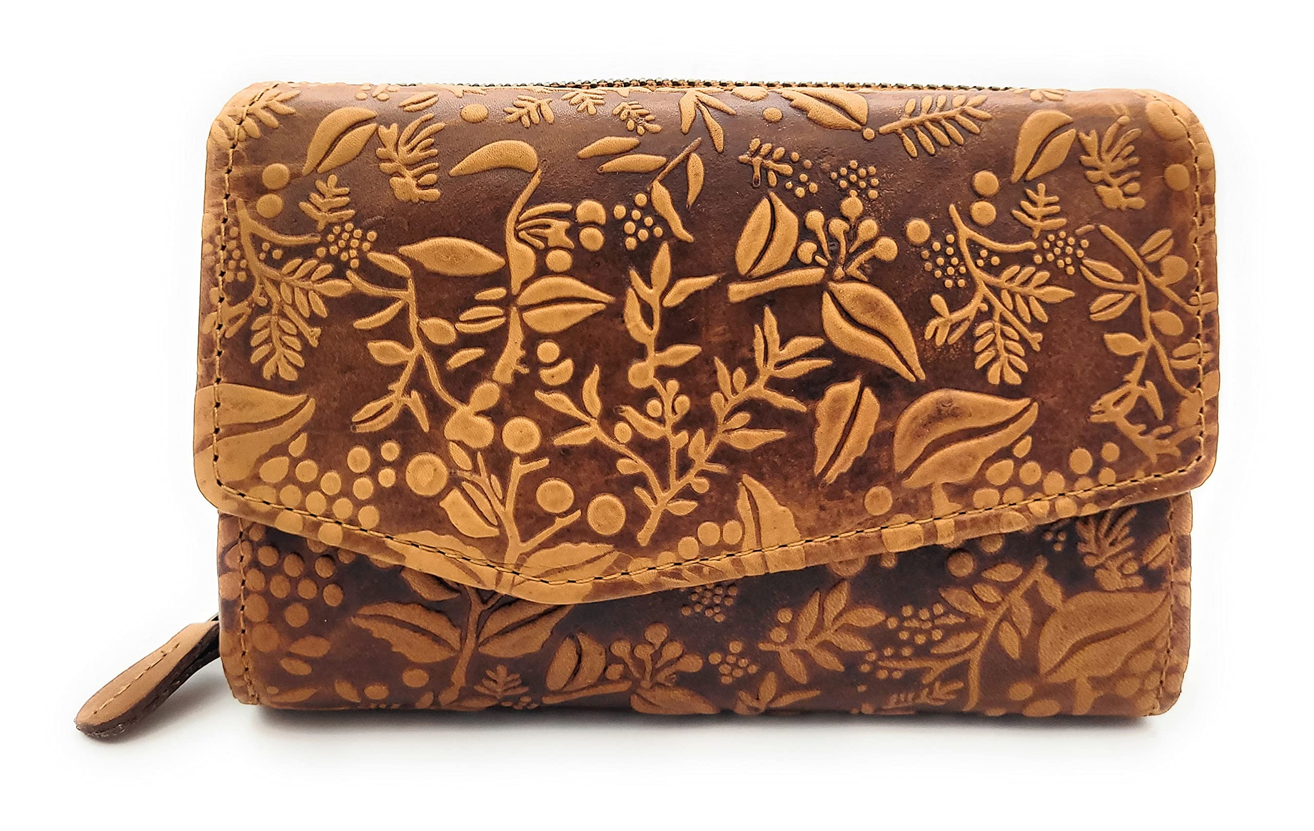 Hill Burry - Cartera de piel auténtica para mujer, con protección RFID / NFC, diseño floral, marrón, small, Monedero