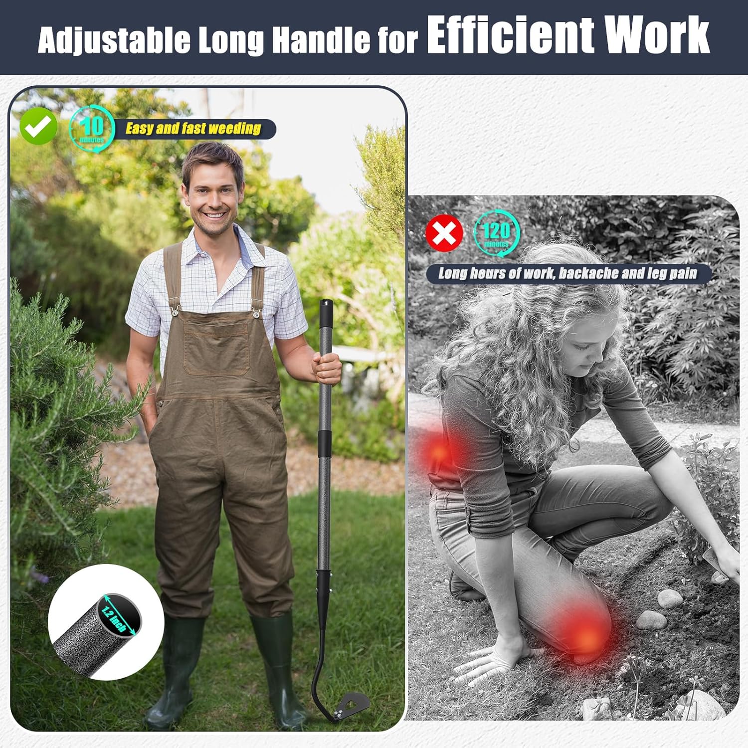 Hoe Garden Tool, Hollow Hoe with 55 Inch Long Handle, Adjustable Manual Weeder Heavy Duty Garden Hoe for Weeding, Digging, Hoeing, Cutting and Loosing Soil