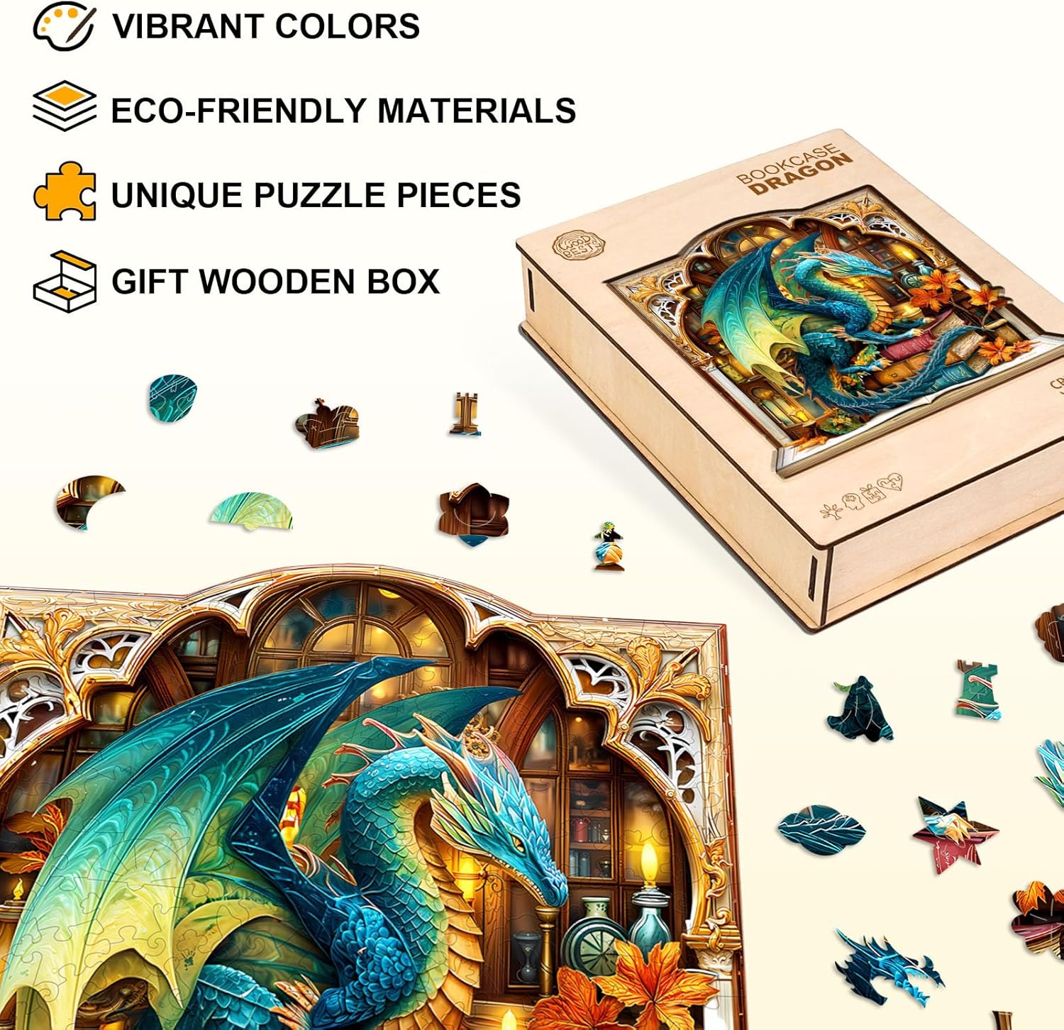 Wooden Puzzles for Adults, Bookcase Dragon Jigsaw Puzzles, 100 Piece Unique Shaped Puzzle, Animal Theme Shape Puzzle, Gifts for Adults/Friends/Family, Family Game，Wall Decor(8.3 * 8.1in)