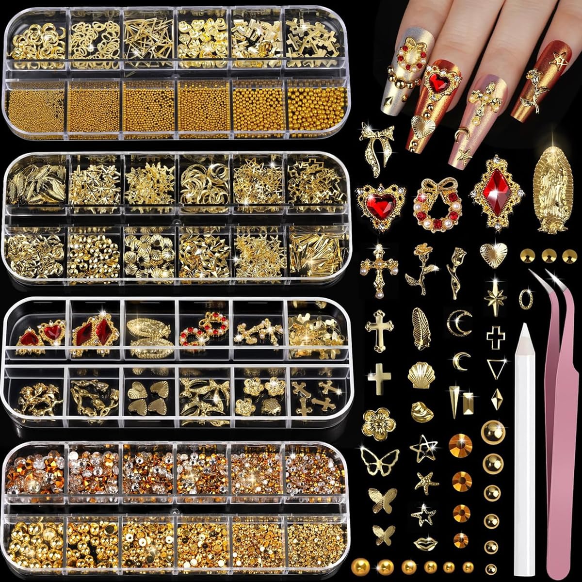 MAYCREATE® Gold Nail Charms and Gems Set 3D Nail Art Rhinestones | Geometric Rhinestone Caviar Beads with Divided Storage Boxes for DIY Nail Art Resin Crafts-image-36