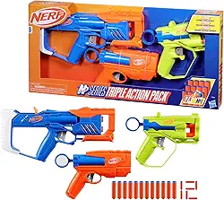 Nerf N Series Kit Triple Action com 3 lançadores e 12 dardos de espuma, brinquedos para meninos e meninas, brinquedos de Natal para adolescentes e crianças acima de 8 anos
