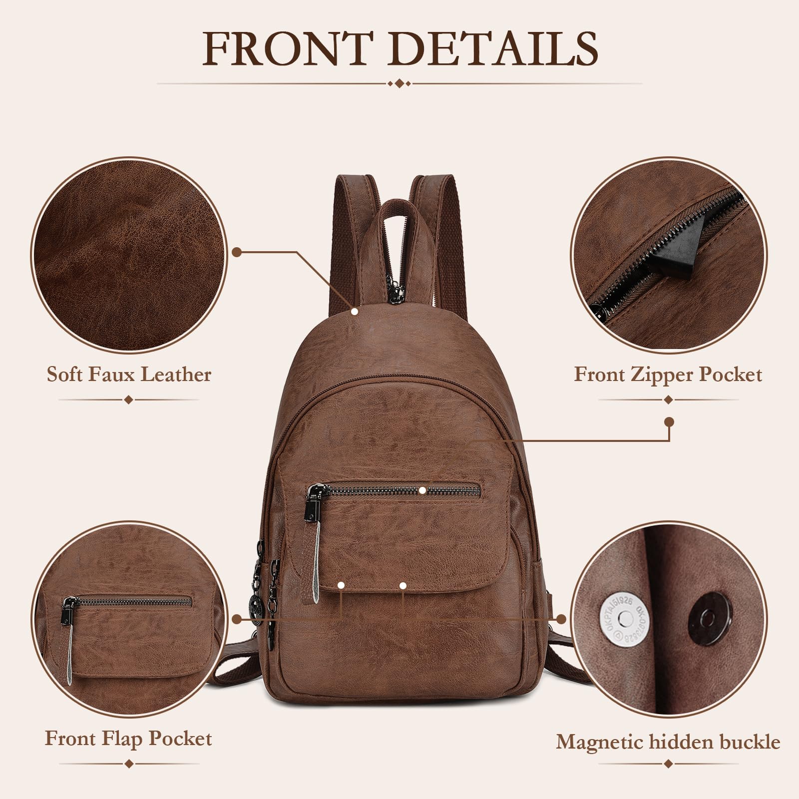 Mochila pequeña para mujer, de piel sintética, convertible
