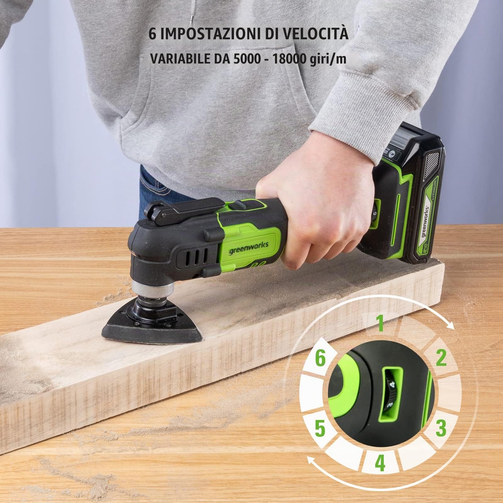 Greenworks G24MTK2 Utensile Multifunzione a Batteria Oscillante 6 Velocità Regolabili da 5000 a 18000 con 5 Accessori con 2Ah Batteria